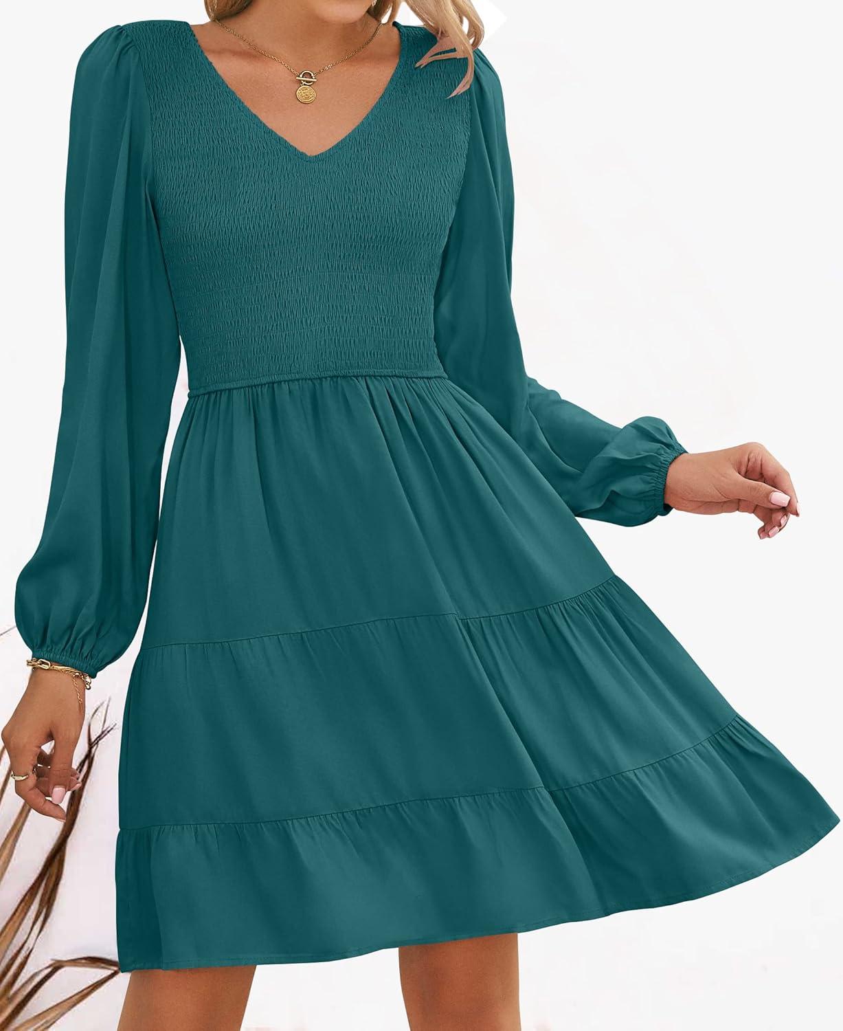 imageZESICA Womens Casual V Neck Long Sleeve Smocked High Waist Ruffle A Line Tiered Mini DressTealgreen