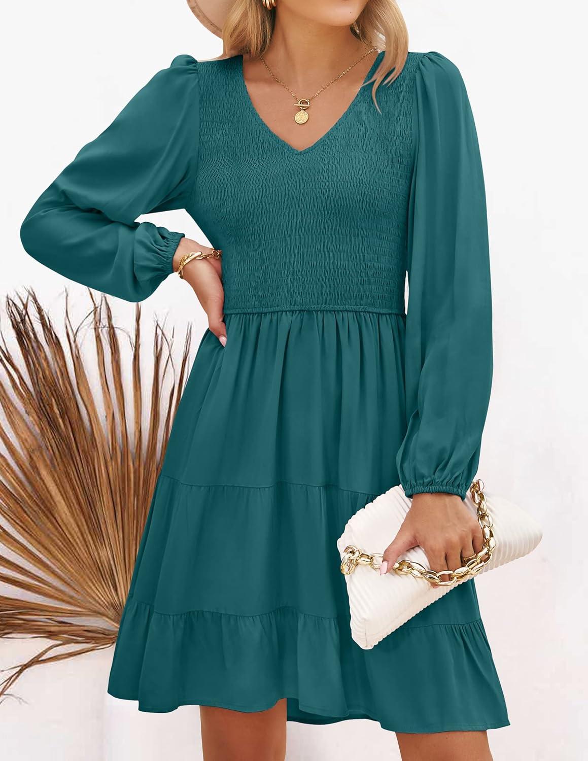 imageZESICA Womens Casual V Neck Long Sleeve Smocked High Waist Ruffle A Line Tiered Mini DressTealgreen