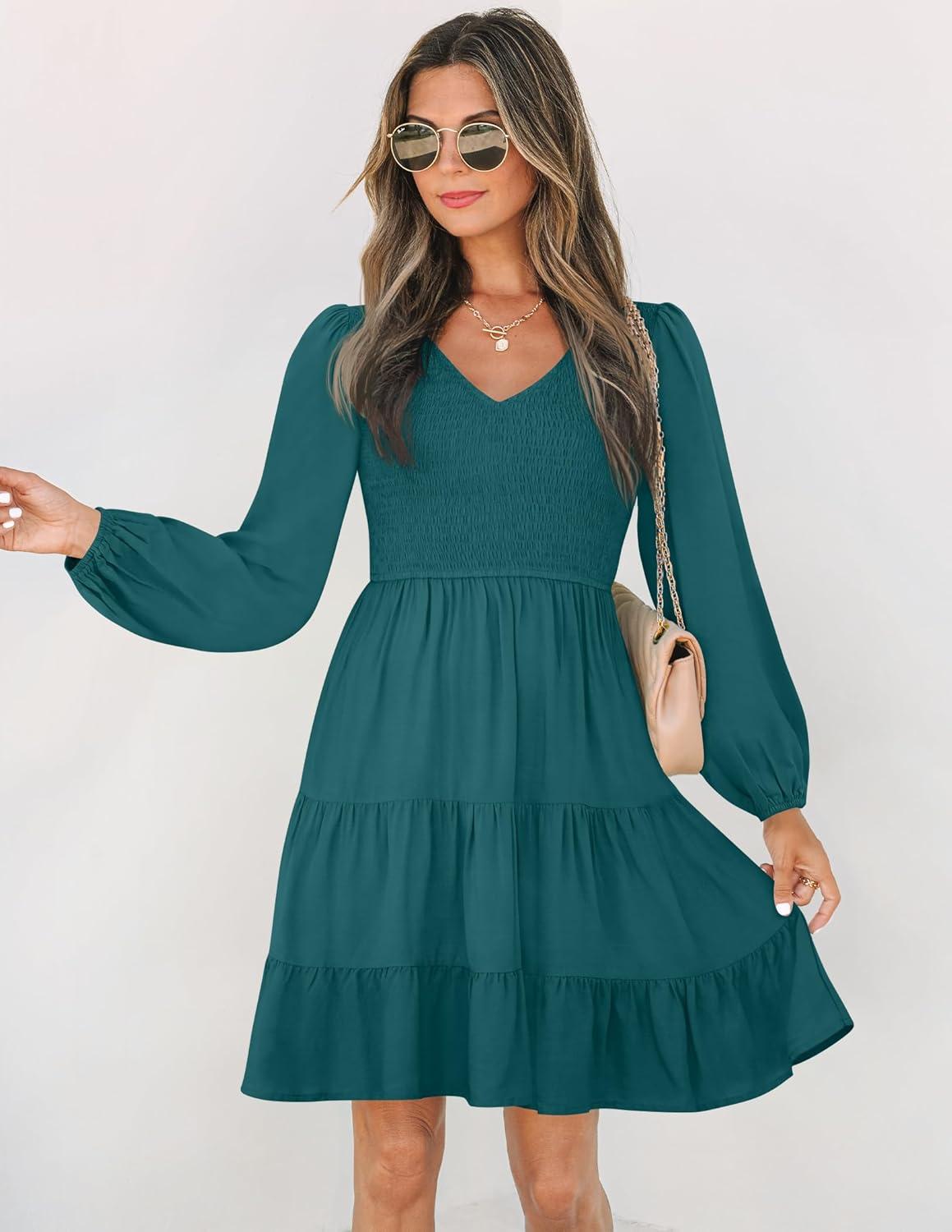 imageZESICA Womens Casual V Neck Long Sleeve Smocked High Waist Ruffle A Line Tiered Mini DressTealgreen