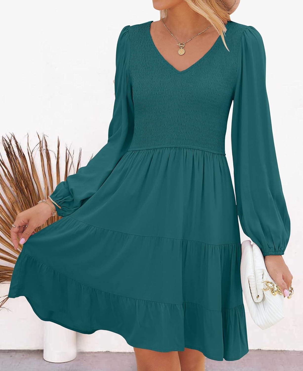 imageZESICA Womens Casual V Neck Long Sleeve Smocked High Waist Ruffle A Line Tiered Mini DressTealgreen