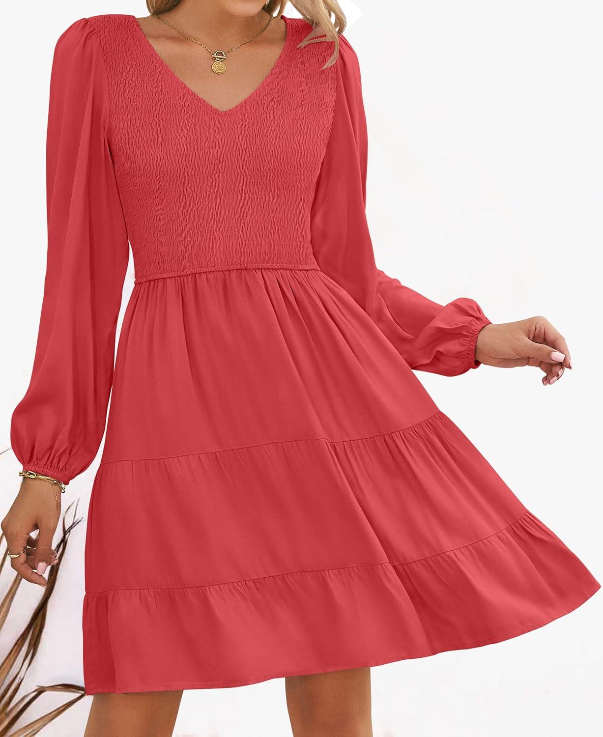 imageZESICA Womens Casual V Neck Long Sleeve Smocked High Waist Ruffle A Line Tiered Mini DressWatermelon