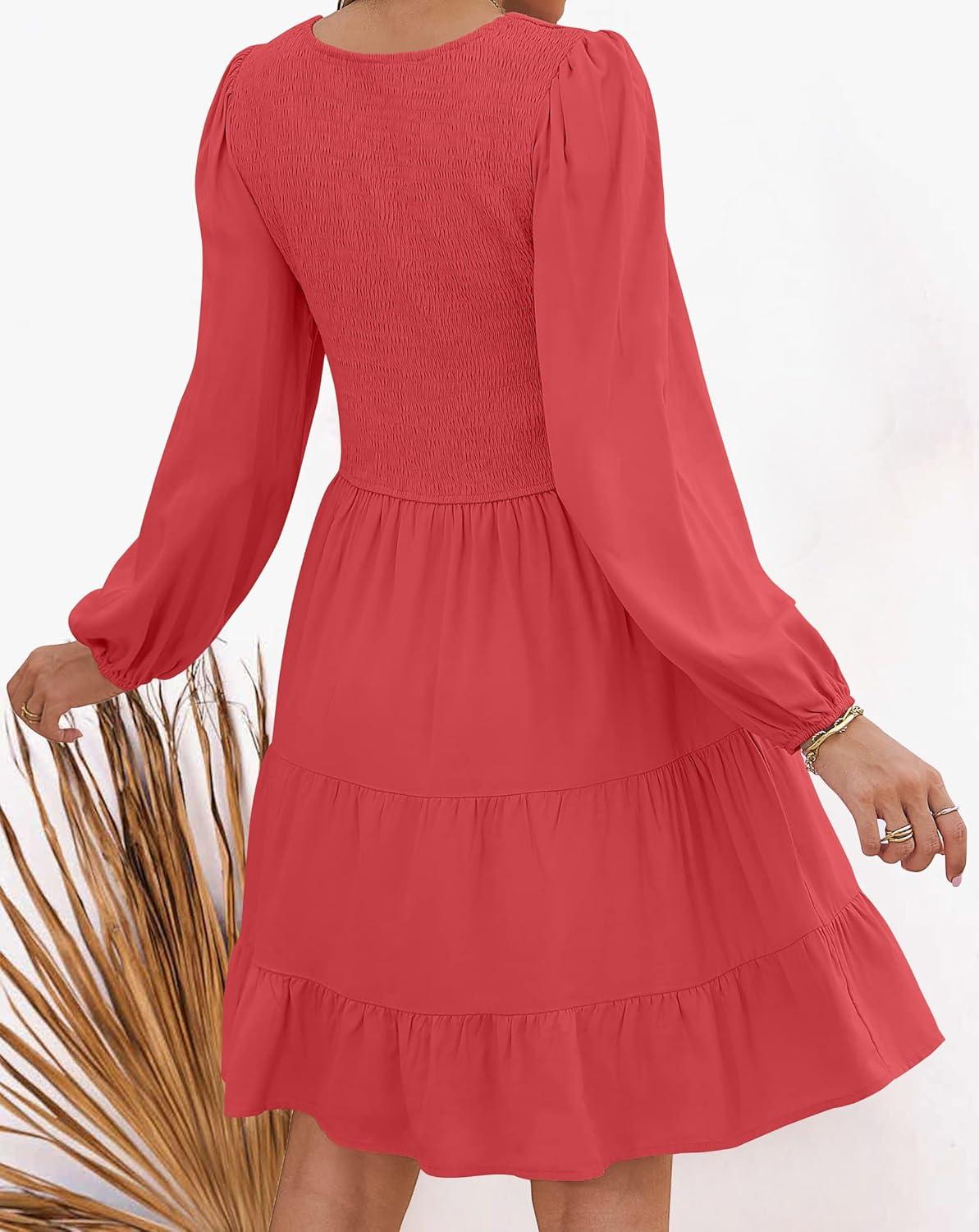 imageZESICA Womens Casual V Neck Long Sleeve Smocked High Waist Ruffle A Line Tiered Mini DressWatermelon