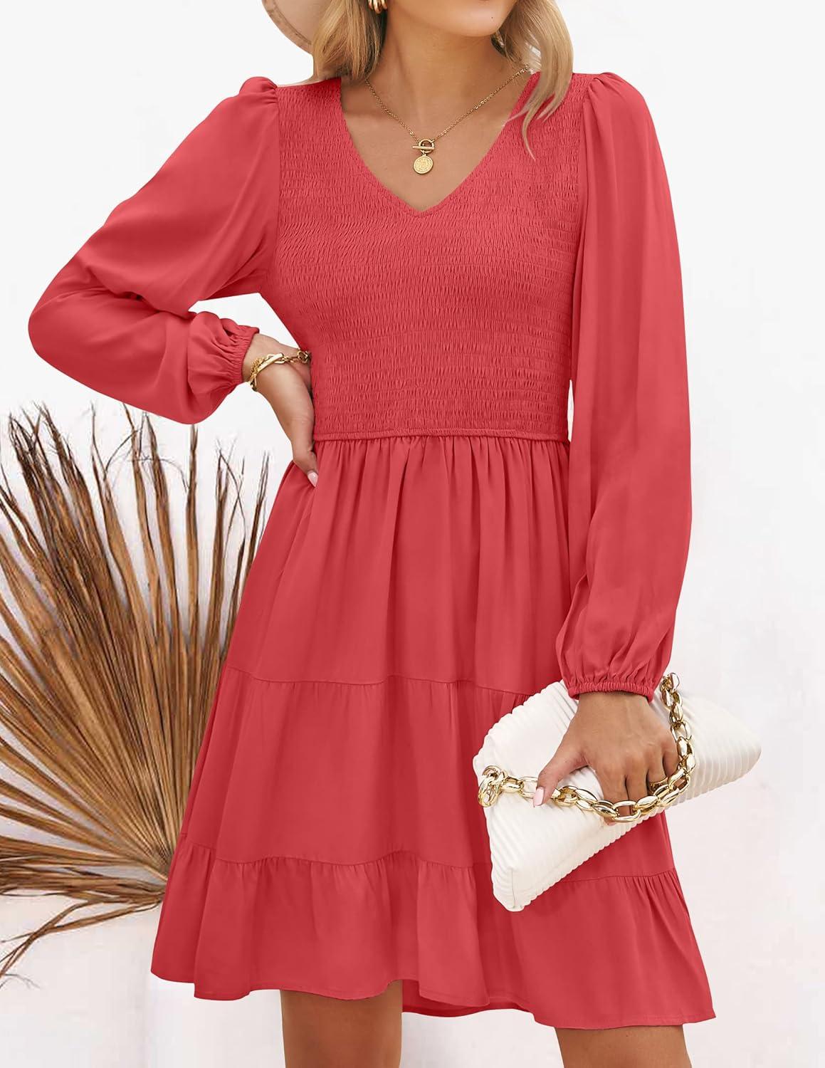 imageZESICA Womens Casual V Neck Long Sleeve Smocked High Waist Ruffle A Line Tiered Mini DressWatermelon