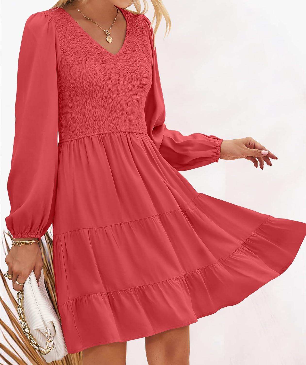imageZESICA Womens Casual V Neck Long Sleeve Smocked High Waist Ruffle A Line Tiered Mini DressWatermelon