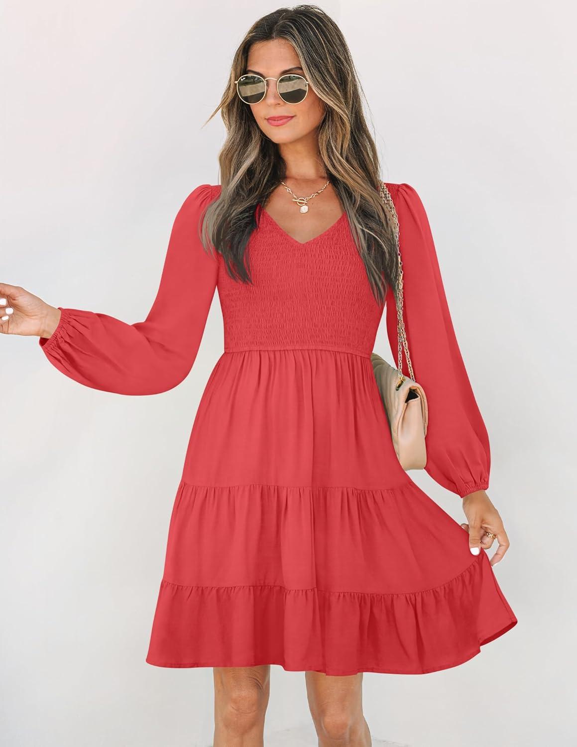 imageZESICA Womens Casual V Neck Long Sleeve Smocked High Waist Ruffle A Line Tiered Mini DressWatermelon