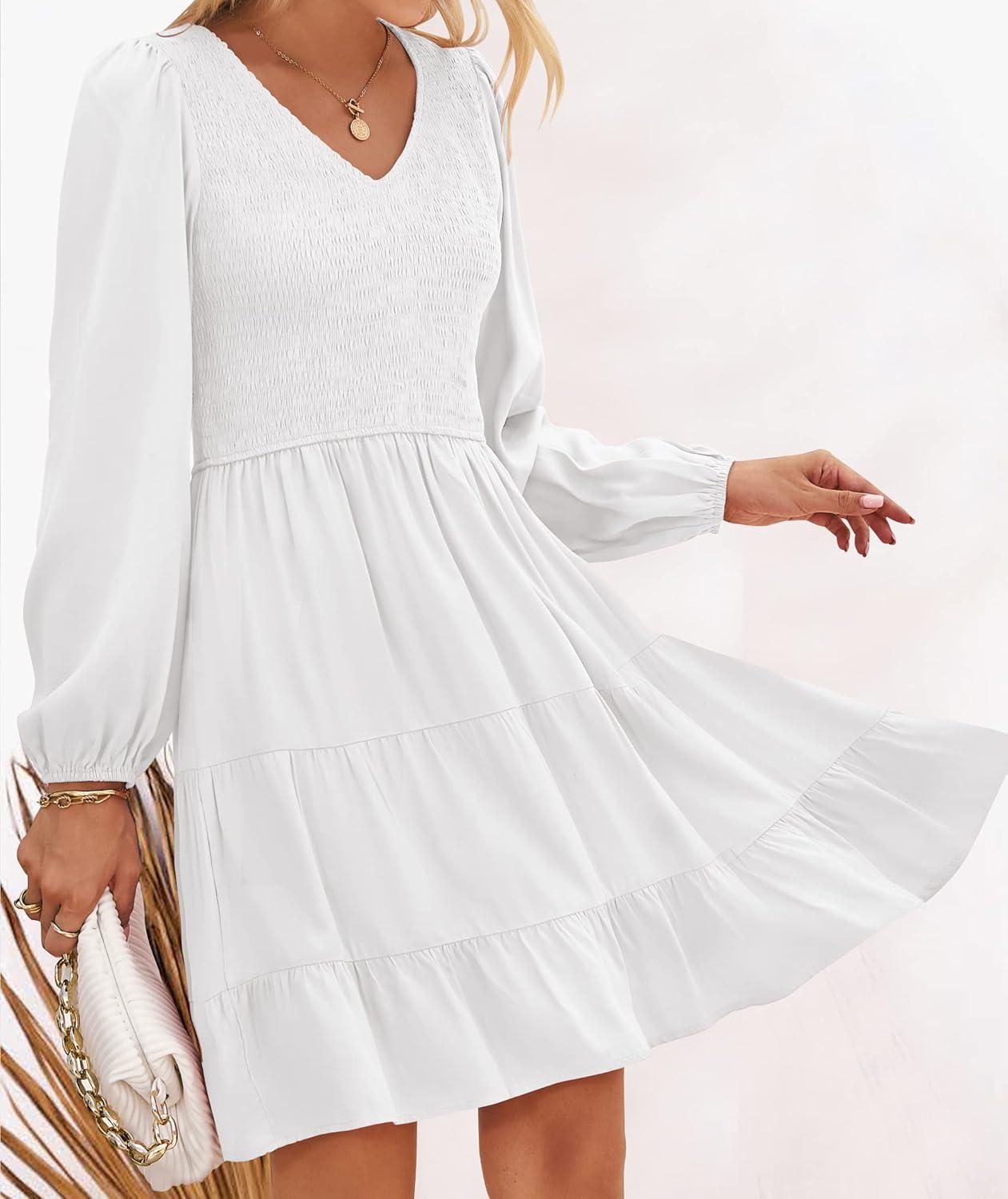imageZESICA Womens Casual V Neck Long Sleeve Smocked High Waist Ruffle A Line Tiered Mini DressWhite