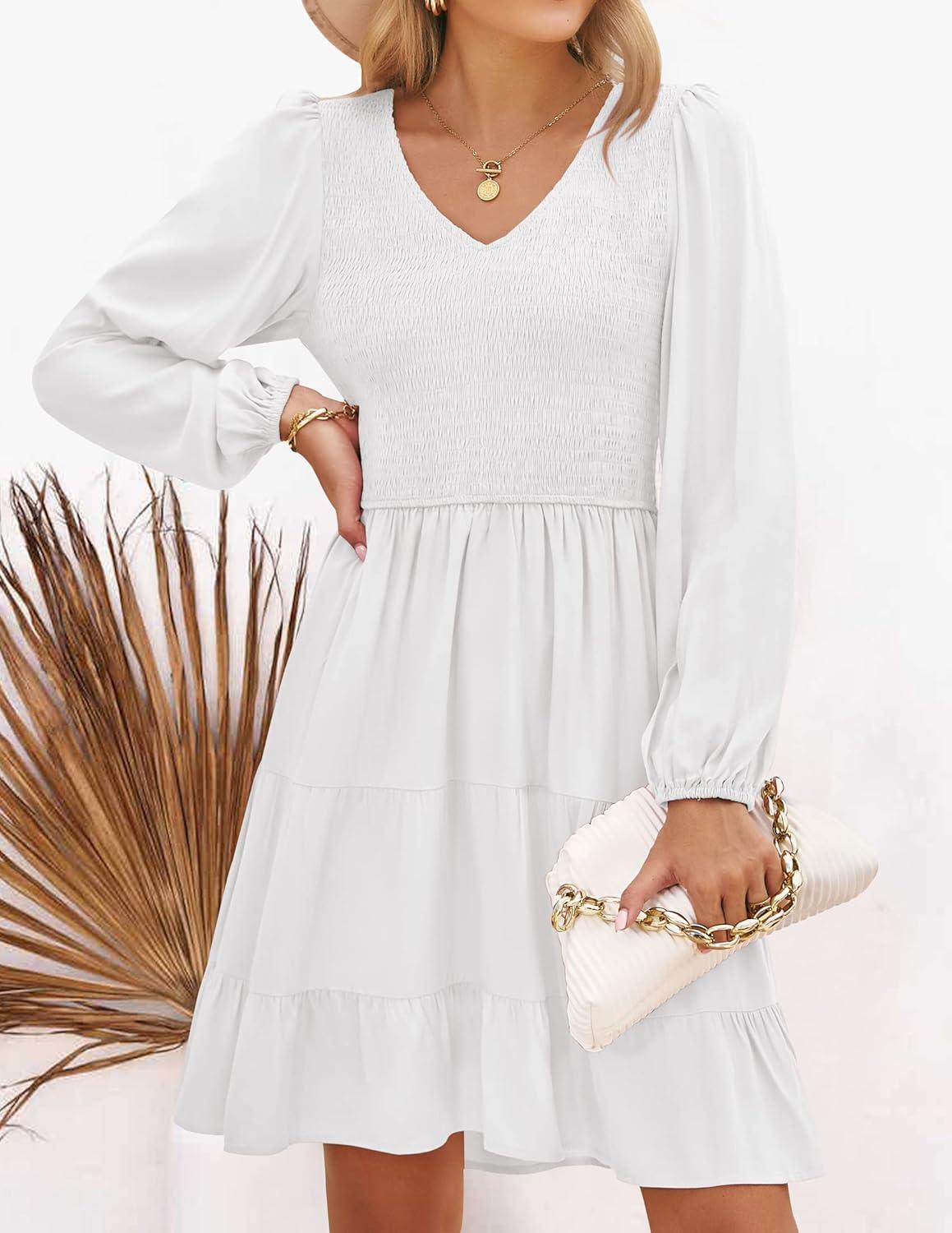 imageZESICA Womens Casual V Neck Long Sleeve Smocked High Waist Ruffle A Line Tiered Mini DressWhite