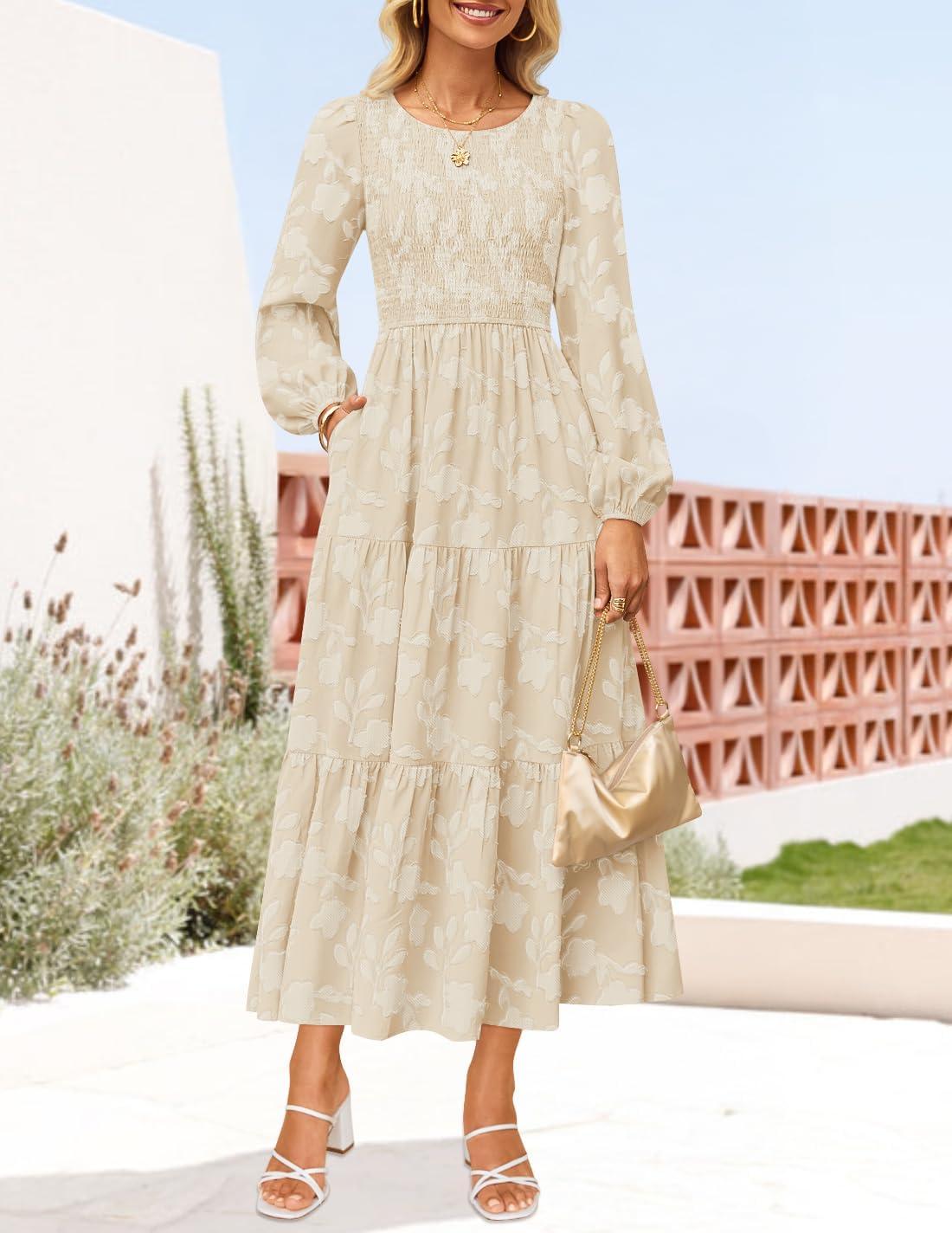 imageZESICA Womens Fall Boho Floral Midi Dress 2026 Casual Long Sleeve Crewneck Flowy Wedding Guest Long DressesApricot