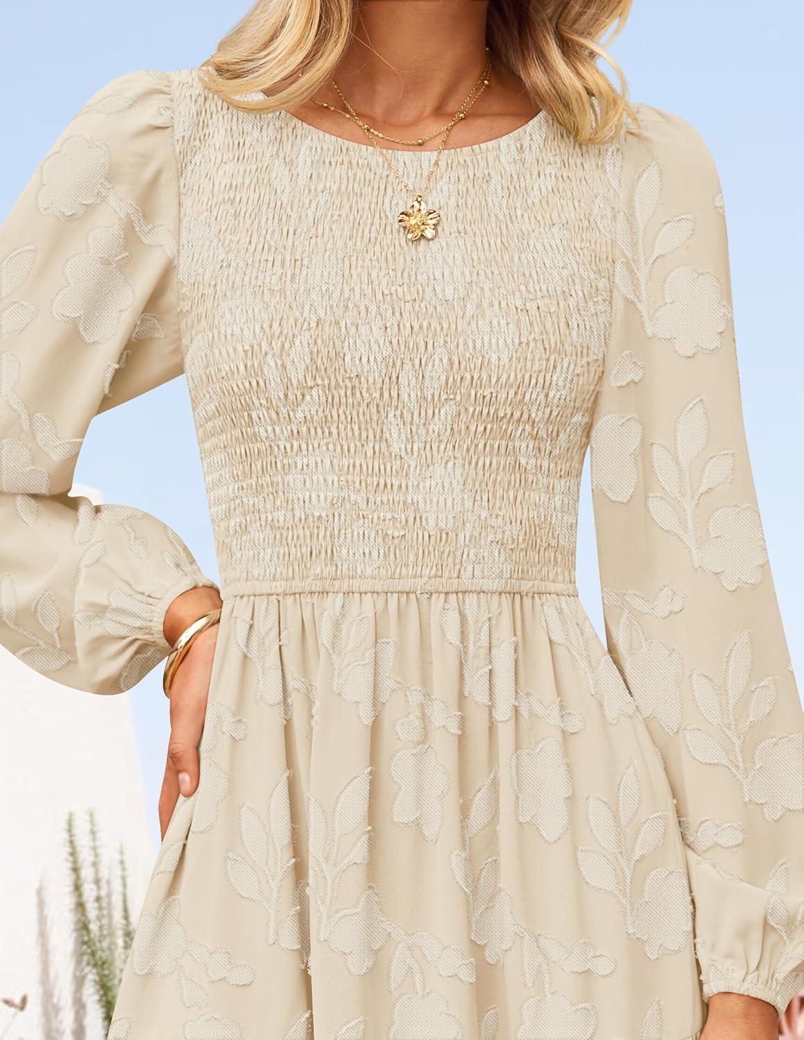 imageZESICA Womens Fall Boho Floral Midi Dress 2026 Casual Long Sleeve Crewneck Flowy Wedding Guest Long DressesApricot