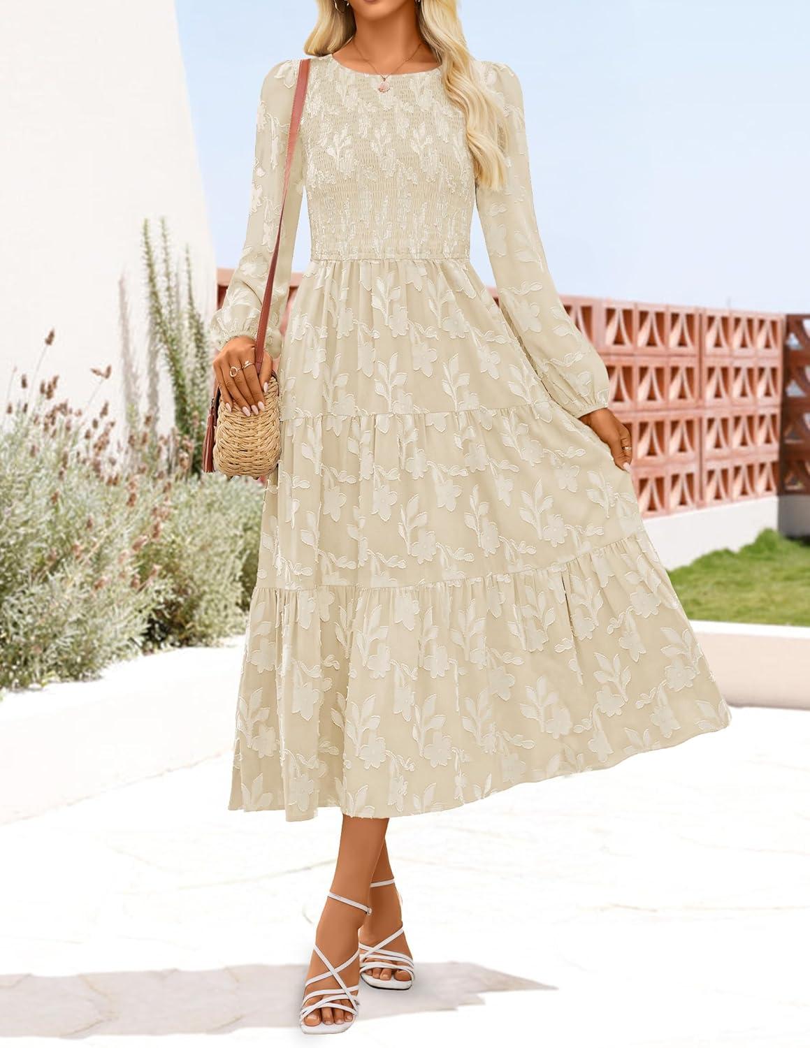 imageZESICA Womens Fall Boho Floral Midi Dress 2026 Casual Long Sleeve Crewneck Flowy Wedding Guest Long DressesApricot