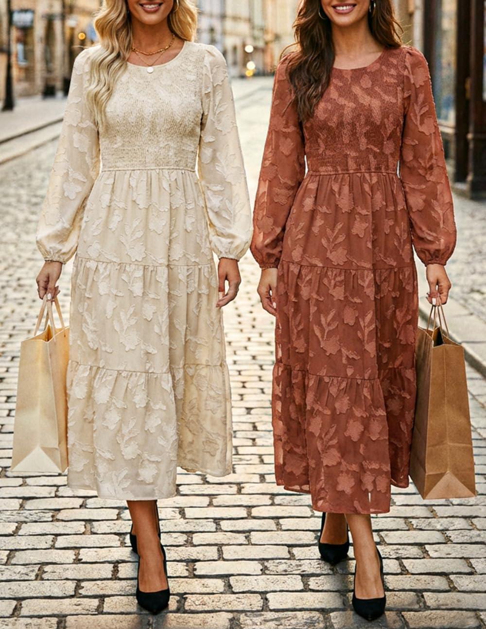 imageZESICA Womens Fall Boho Floral Midi Dress 2026 Casual Long Sleeve Crewneck Flowy Wedding Guest Long DressesApricot