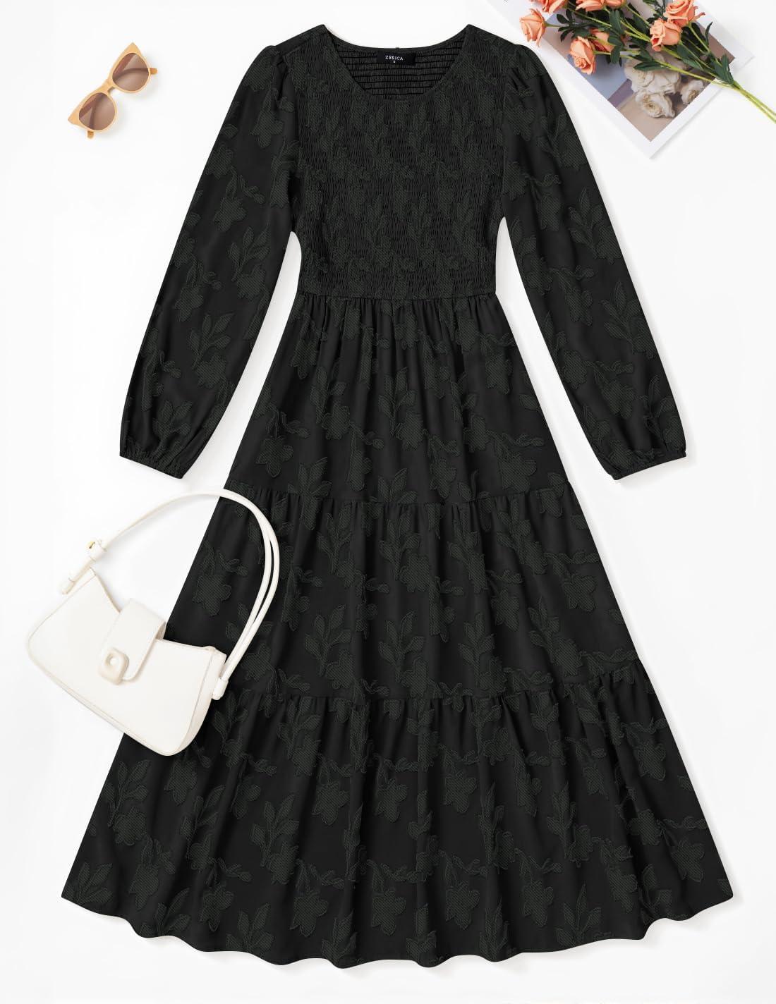 imageZESICA Womens Fall Boho Floral Midi Dress 2026 Casual Long Sleeve Crewneck Flowy Wedding Guest Long DressesBlack