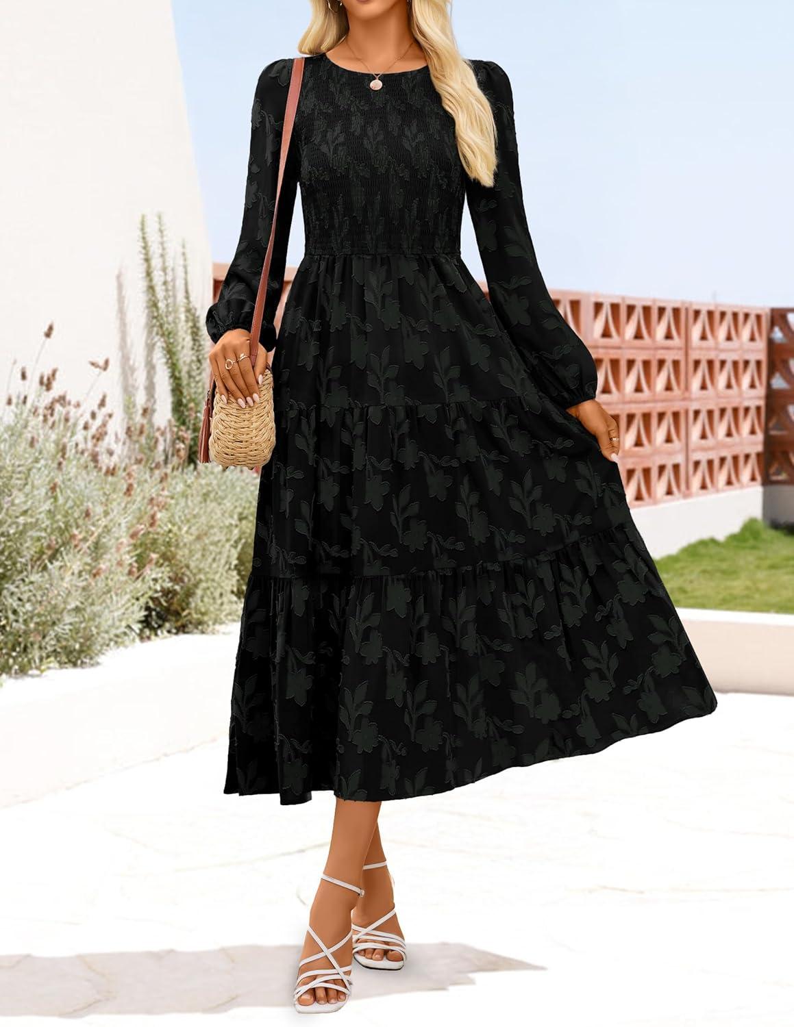 imageZESICA Womens Fall Boho Floral Midi Dress 2026 Casual Long Sleeve Crewneck Flowy Wedding Guest Long DressesBlack