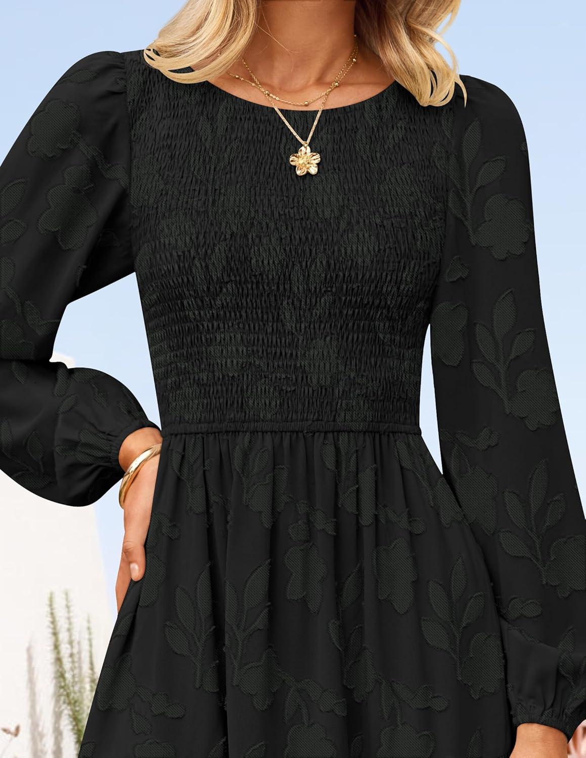 imageZESICA Womens Fall Boho Floral Midi Dress 2026 Casual Long Sleeve Crewneck Flowy Wedding Guest Long DressesBlack