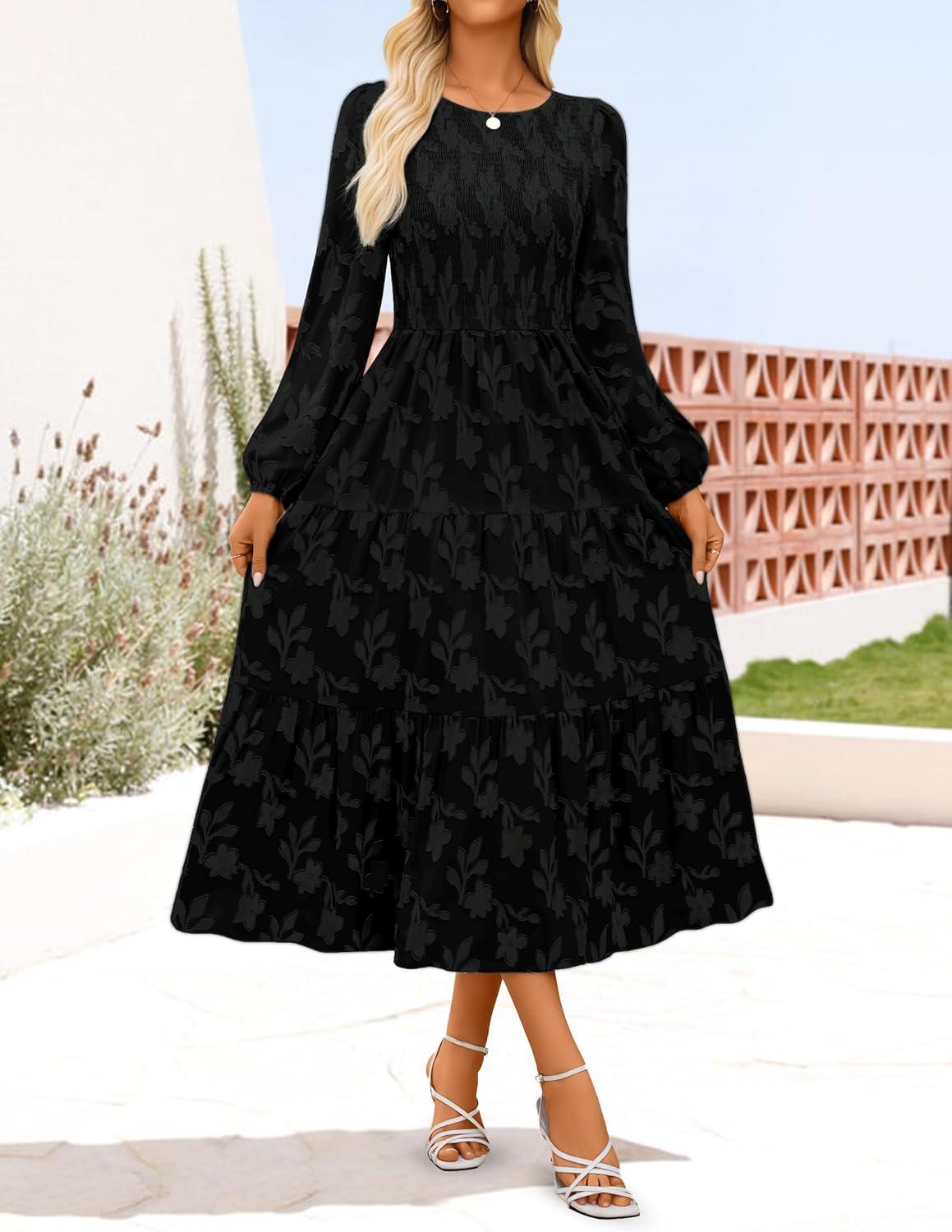 imageZESICA Womens Fall Boho Floral Midi Dress 2026 Casual Long Sleeve Crewneck Flowy Wedding Guest Long DressesBlack