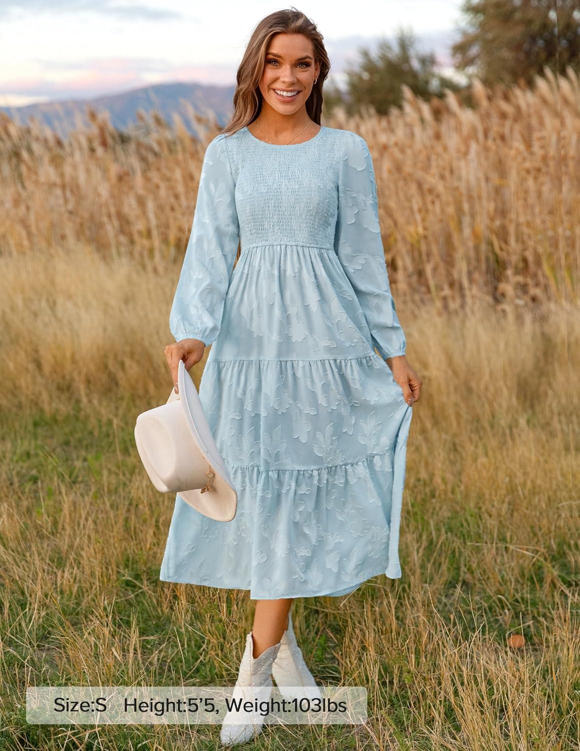 imageZESICA Womens Fall Boho Floral Midi Dress 2026 Casual Long Sleeve Crewneck Flowy Wedding Guest Long DressesBlue