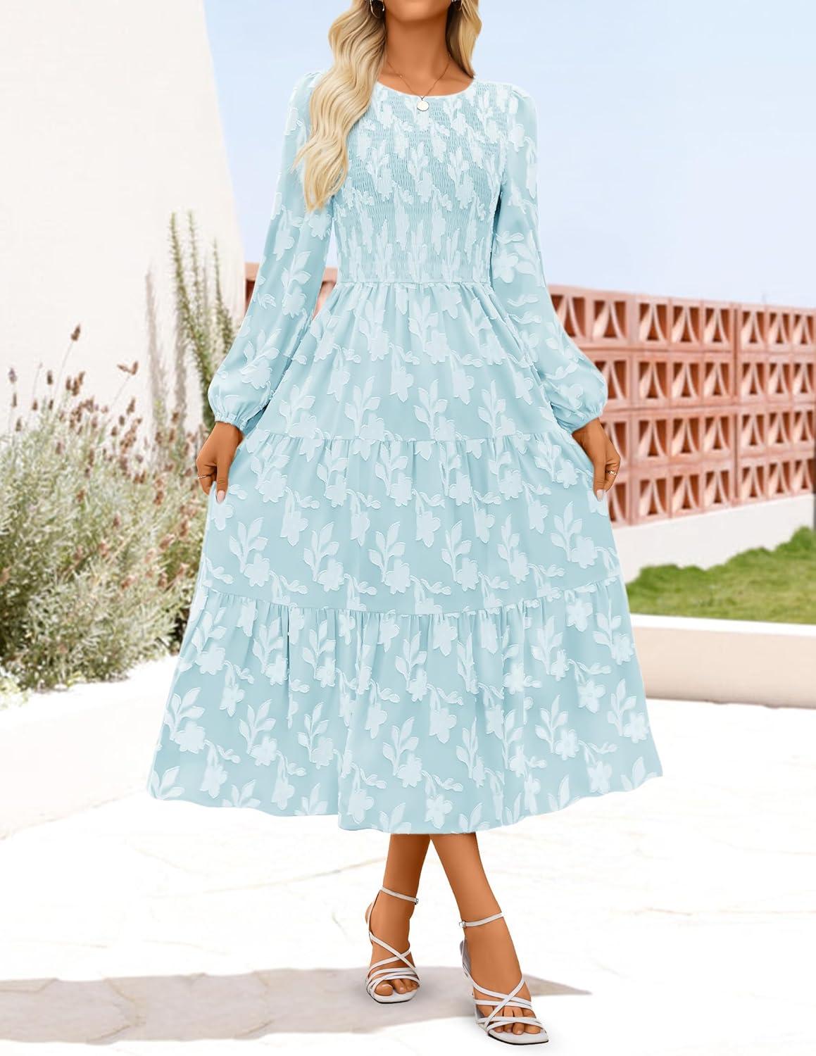 imageZESICA Womens Fall Boho Floral Midi Dress 2026 Casual Long Sleeve Crewneck Flowy Wedding Guest Long DressesBlue