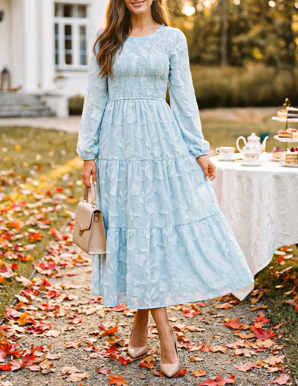 imageZESICA Womens Fall Boho Floral Midi Dress 2026 Casual Long Sleeve Crewneck Flowy Wedding Guest Long DressesBlue
