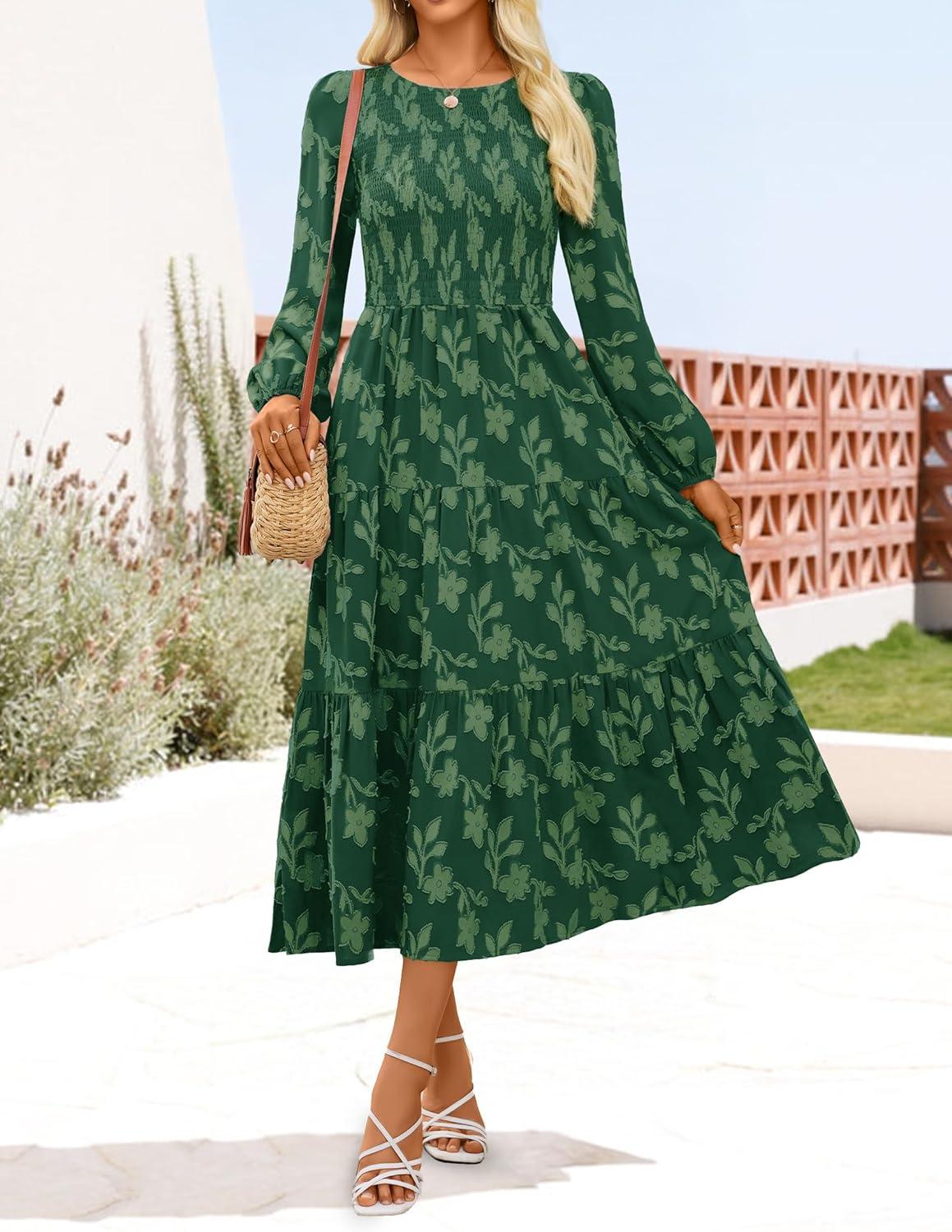 imageZESICA Womens Fall Boho Floral Midi Dress 2026 Casual Long Sleeve Crewneck Flowy Wedding Guest Long DressesDark Green