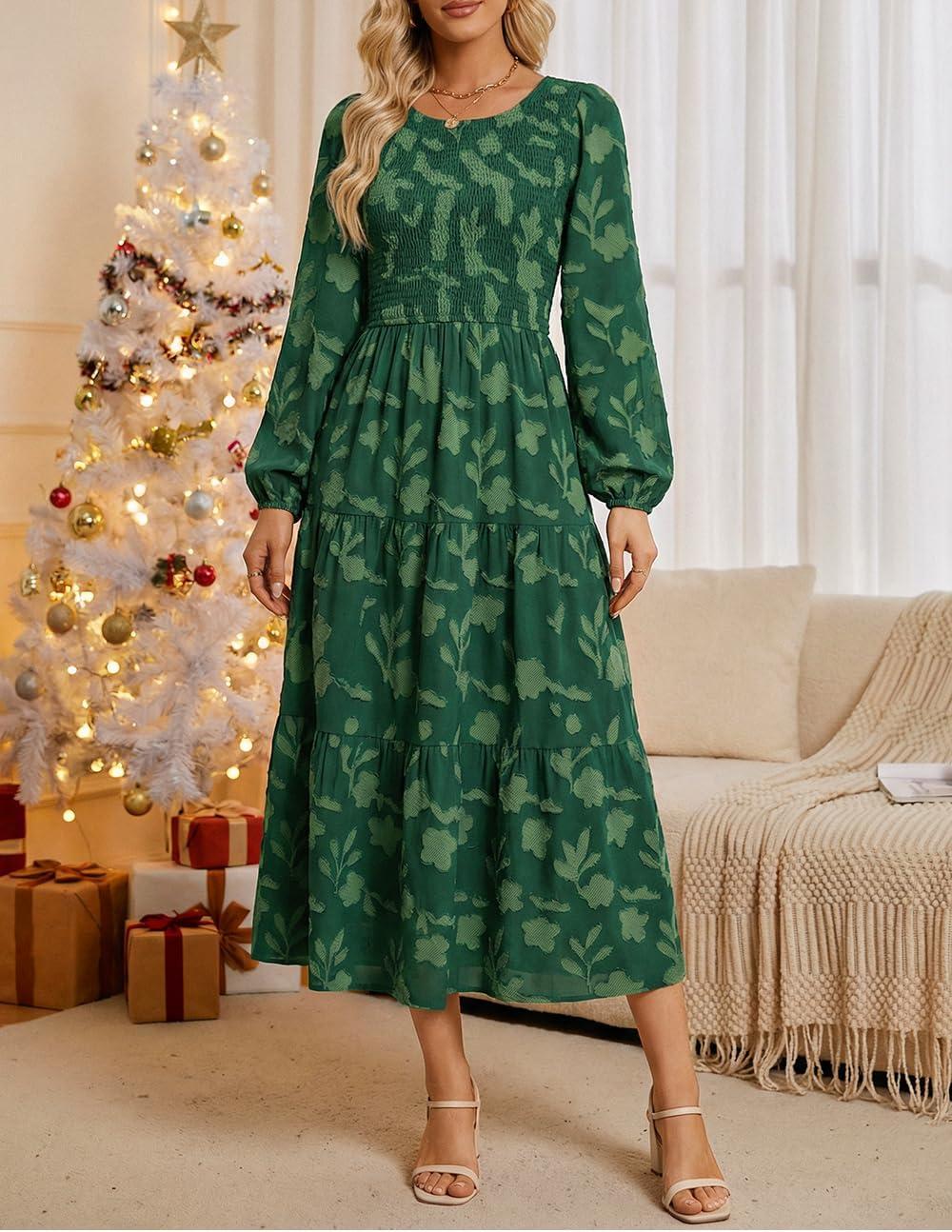 imageZESICA Womens Fall Boho Floral Midi Dress 2026 Casual Long Sleeve Crewneck Flowy Wedding Guest Long DressesDark Green