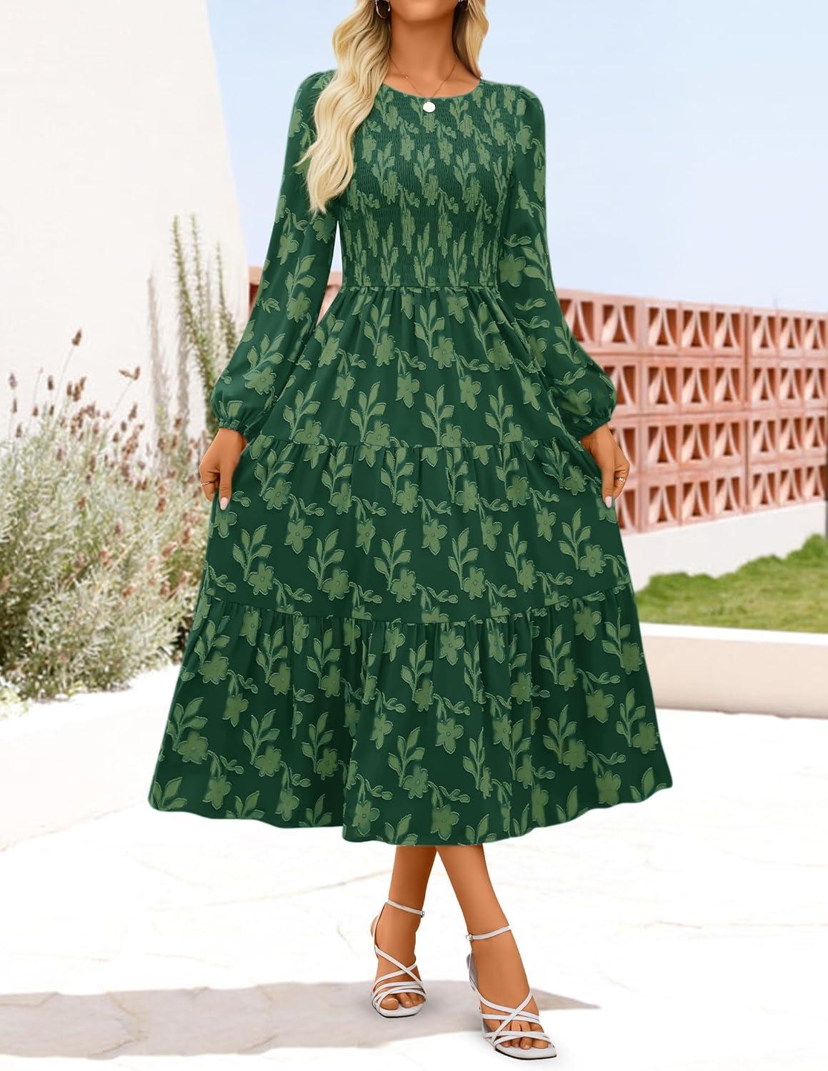 imageZESICA Womens Fall Boho Floral Midi Dress 2026 Casual Long Sleeve Crewneck Flowy Wedding Guest Long DressesDark Green