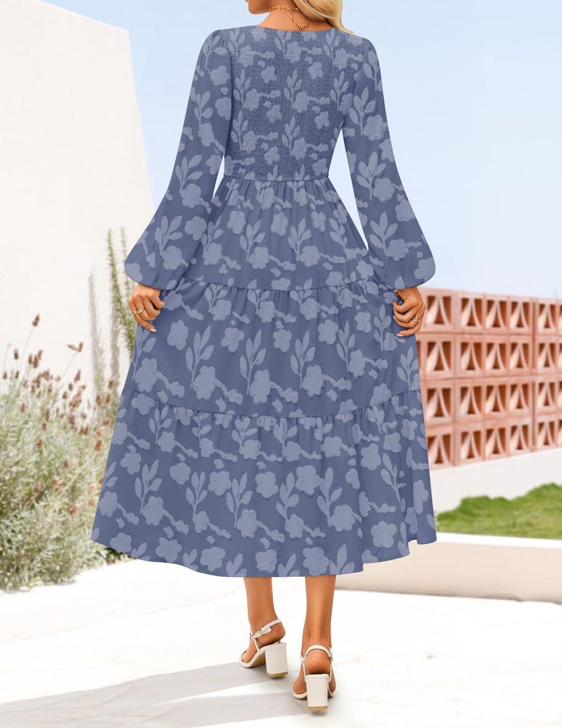 imageZESICA Womens Fall Boho Floral Midi Dress 2026 Casual Long Sleeve Crewneck Flowy Wedding Guest Long DressesDusty Blue
