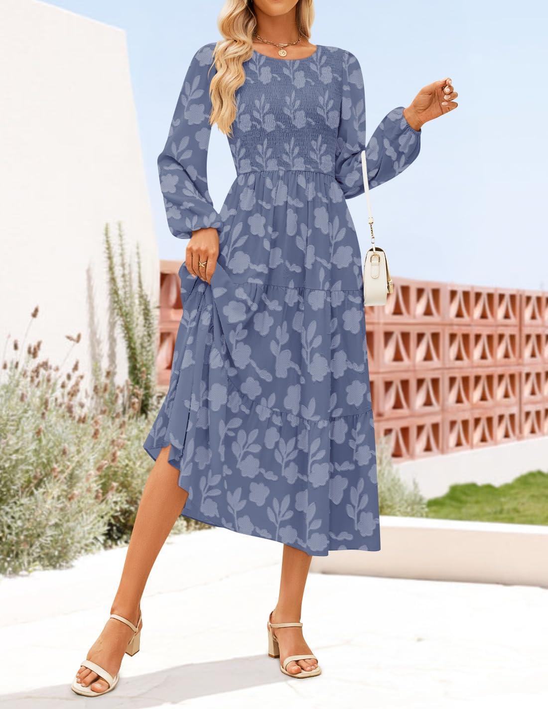 imageZESICA Womens Fall Boho Floral Midi Dress 2026 Casual Long Sleeve Crewneck Flowy Wedding Guest Long DressesDusty Blue