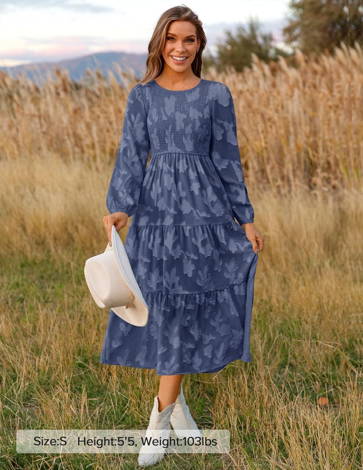 imageZESICA Womens Fall Boho Floral Midi Dress 2026 Casual Long Sleeve Crewneck Flowy Wedding Guest Long DressesDusty Blue