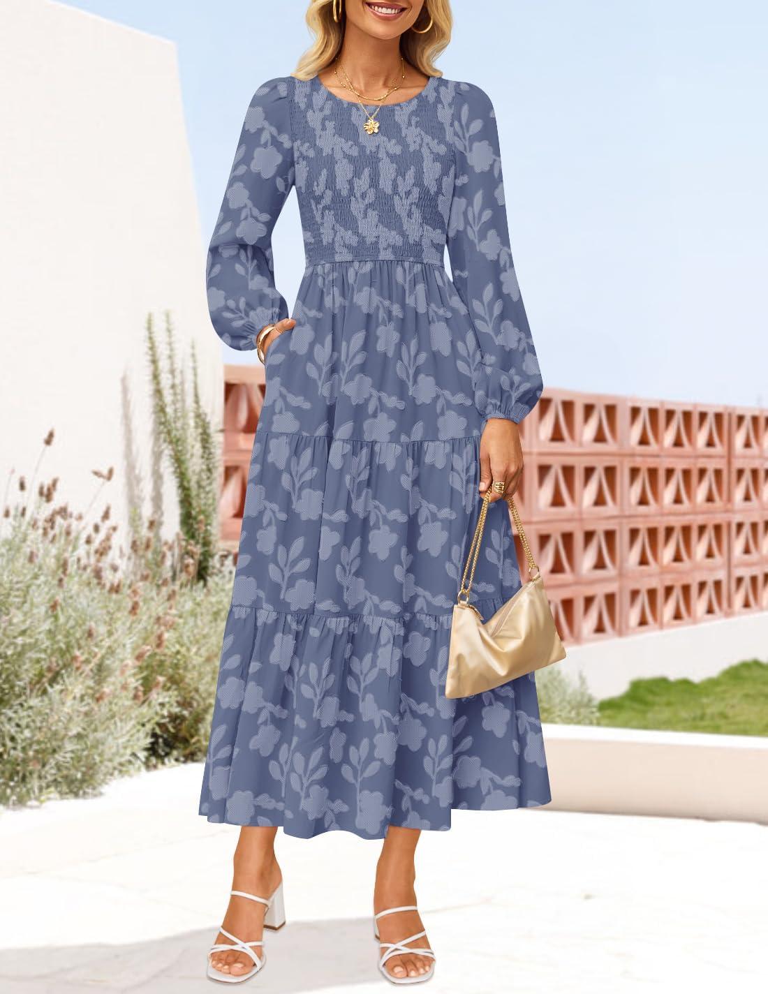 imageZESICA Womens Fall Boho Floral Midi Dress 2026 Casual Long Sleeve Crewneck Flowy Wedding Guest Long DressesDusty Blue