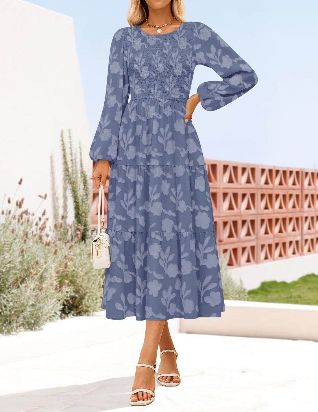 imageZESICA Womens Fall Boho Floral Midi Dress 2026 Casual Long Sleeve Crewneck Flowy Wedding Guest Long DressesDusty Blue