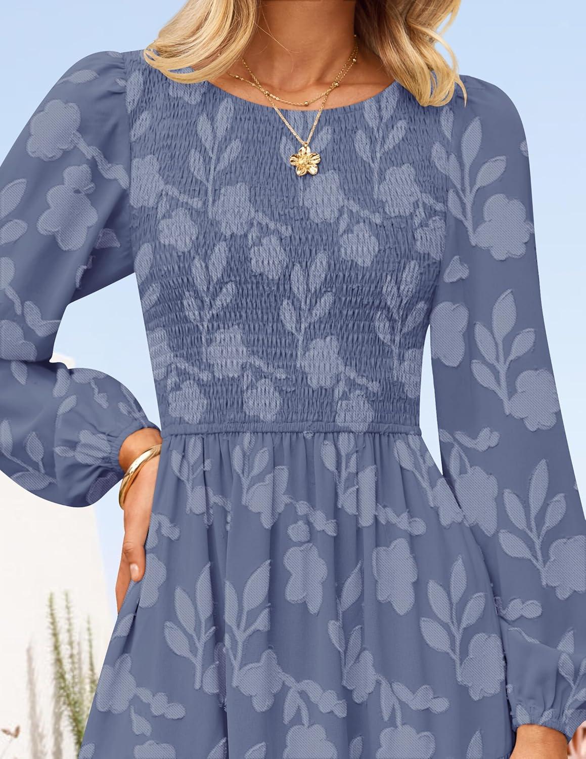 imageZESICA Womens Fall Boho Floral Midi Dress 2026 Casual Long Sleeve Crewneck Flowy Wedding Guest Long DressesDusty Blue