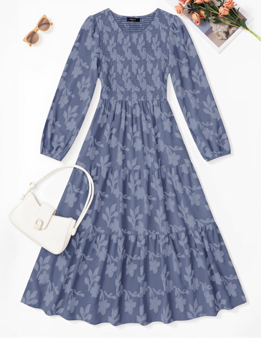 imageZESICA Womens Fall Boho Floral Midi Dress 2026 Casual Long Sleeve Crewneck Flowy Wedding Guest Long DressesDusty Blue