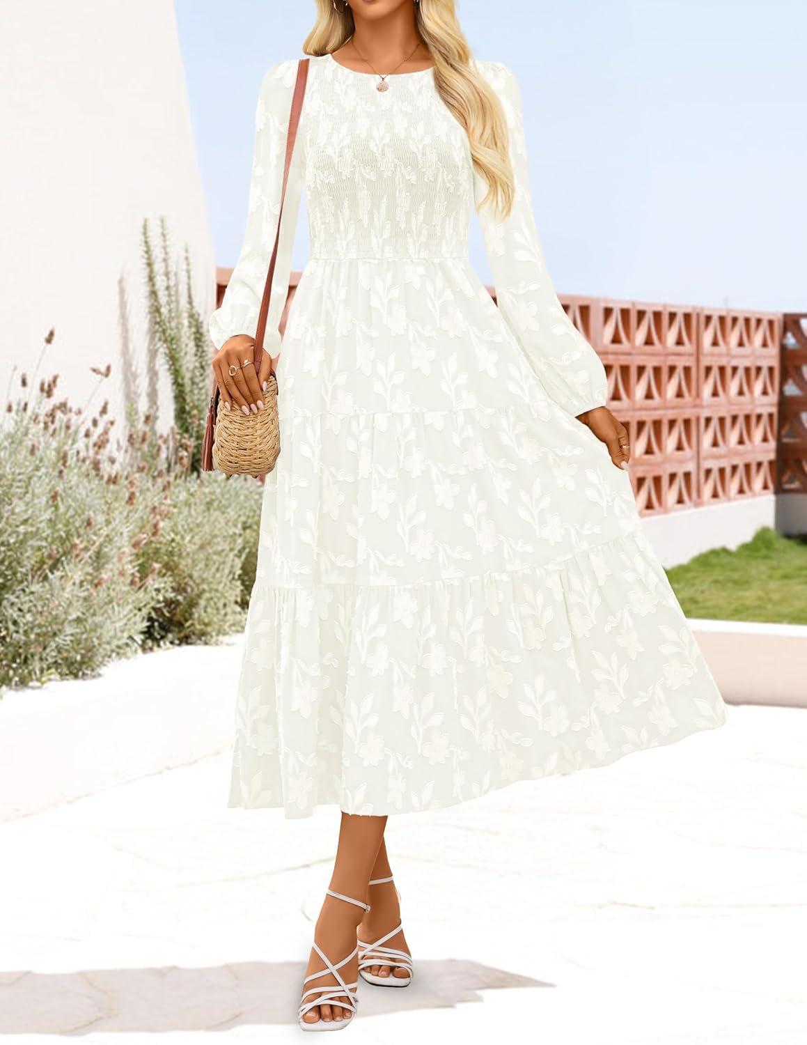 imageZESICA Womens Fall Boho Floral Midi Dress 2026 Casual Long Sleeve Crewneck Flowy Wedding Guest Long DressesWhite