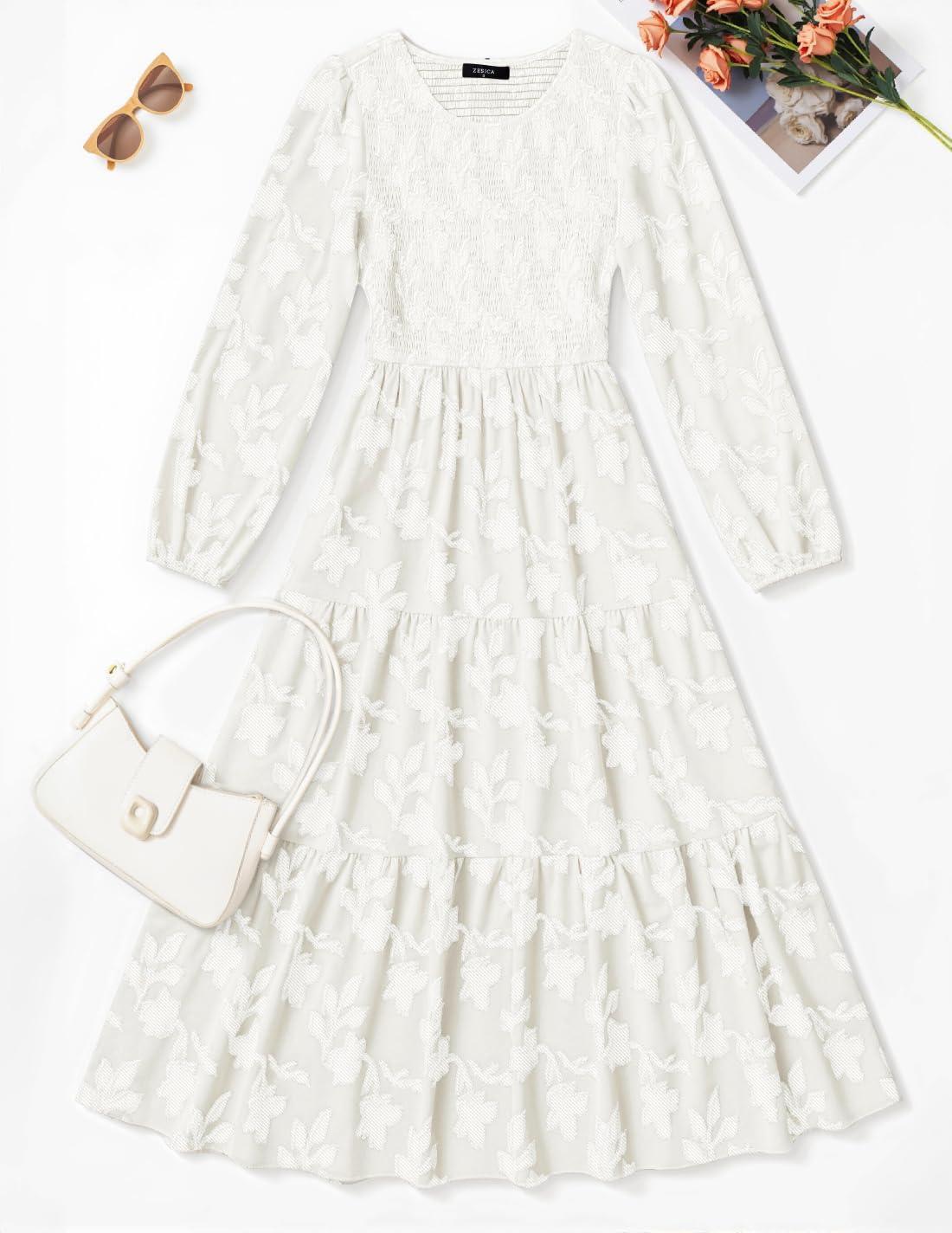 imageZESICA Womens Fall Boho Floral Midi Dress 2026 Casual Long Sleeve Crewneck Flowy Wedding Guest Long DressesWhite