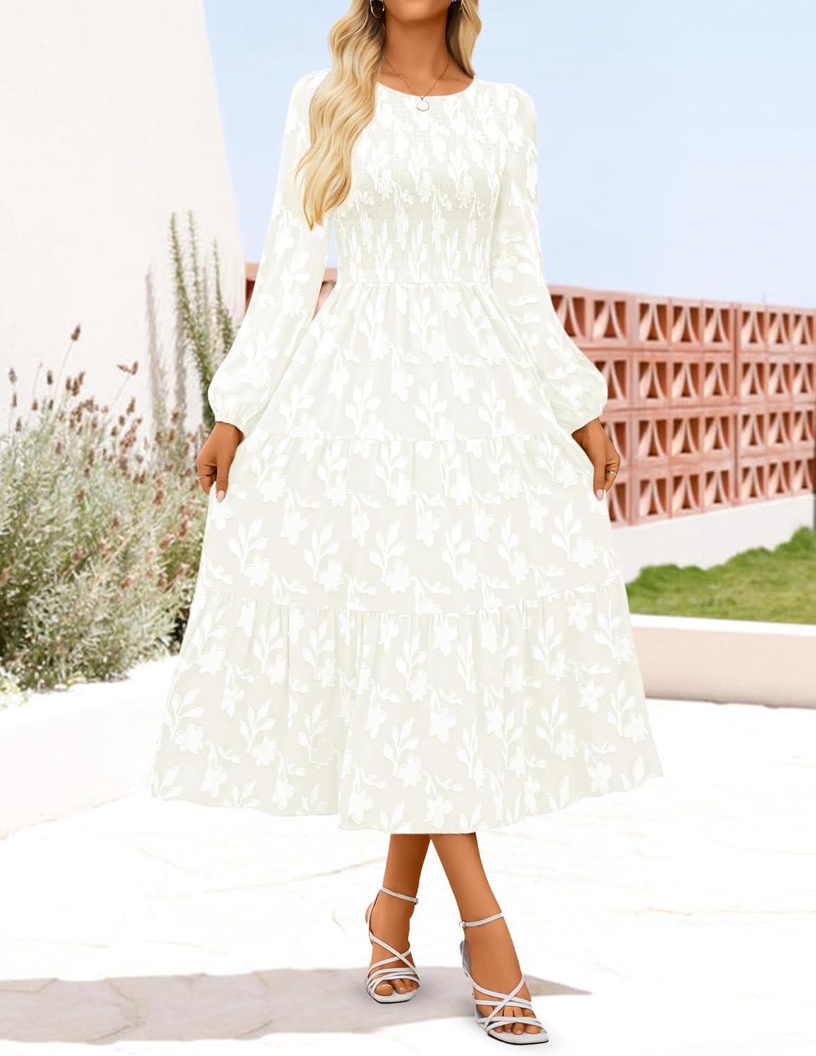 imageZESICA Womens Fall Boho Floral Midi Dress 2026 Casual Long Sleeve Crewneck Flowy Wedding Guest Long DressesWhite