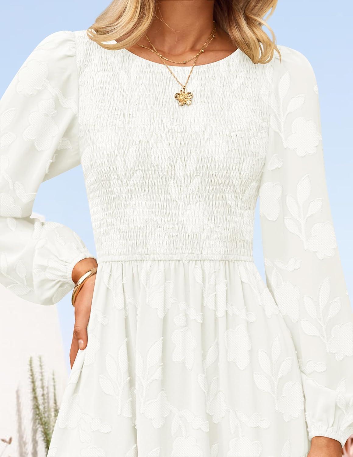 imageZESICA Womens Fall Boho Floral Midi Dress 2026 Casual Long Sleeve Crewneck Flowy Wedding Guest Long DressesWhite