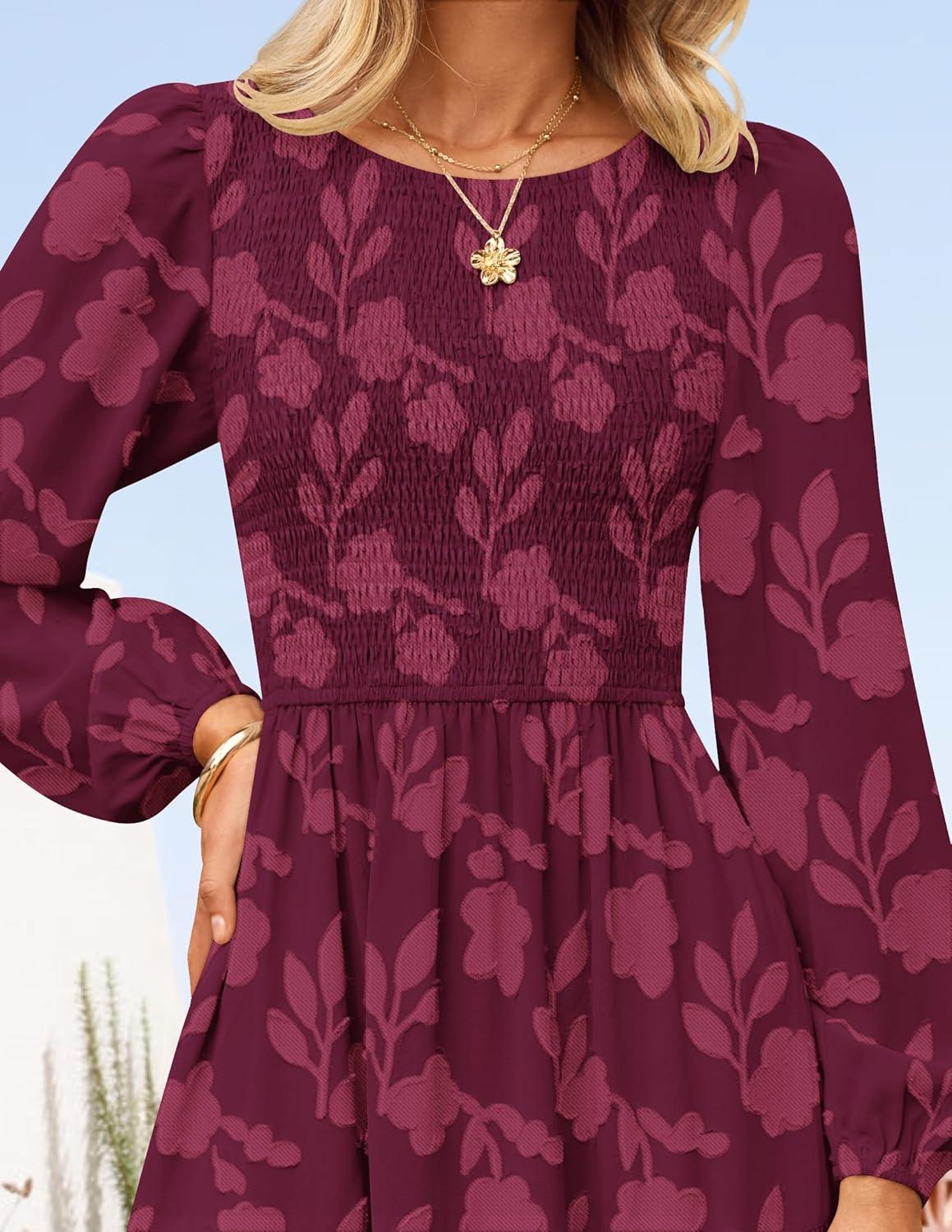 imageZESICA Womens Fall Boho Floral Midi Dress 2026 Casual Long Sleeve Crewneck Flowy Wedding Guest Long DressesWine