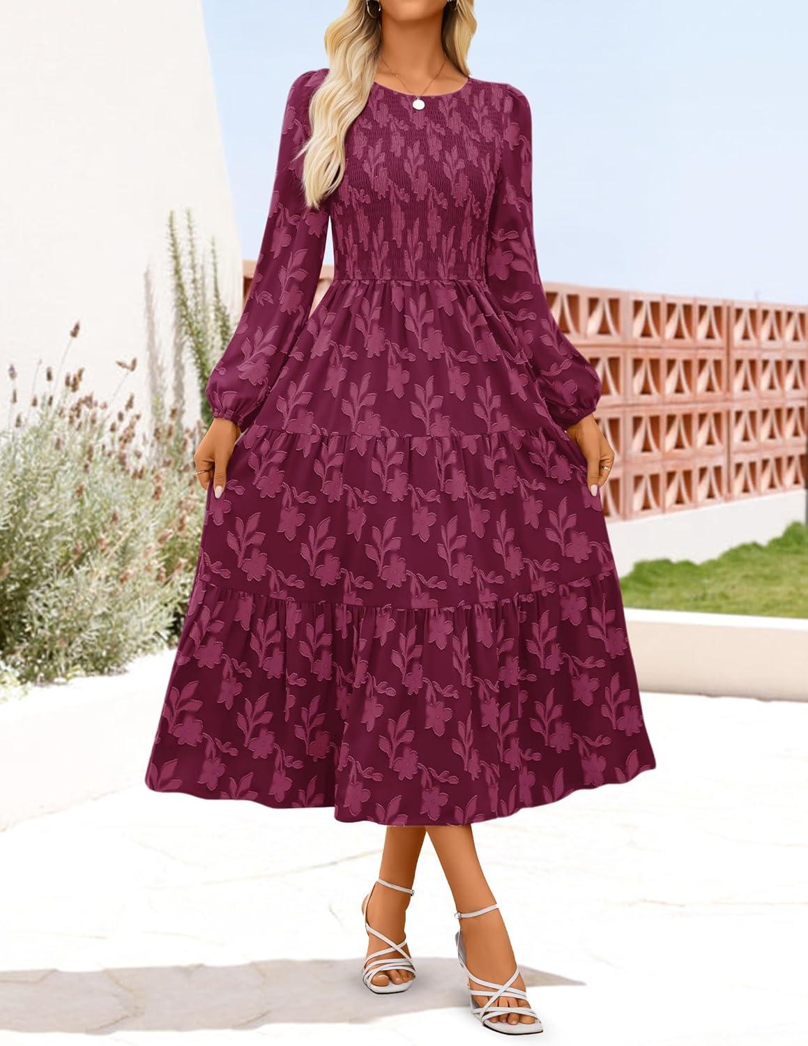 imageZESICA Womens Fall Boho Floral Midi Dress 2026 Casual Long Sleeve Crewneck Flowy Wedding Guest Long DressesWine