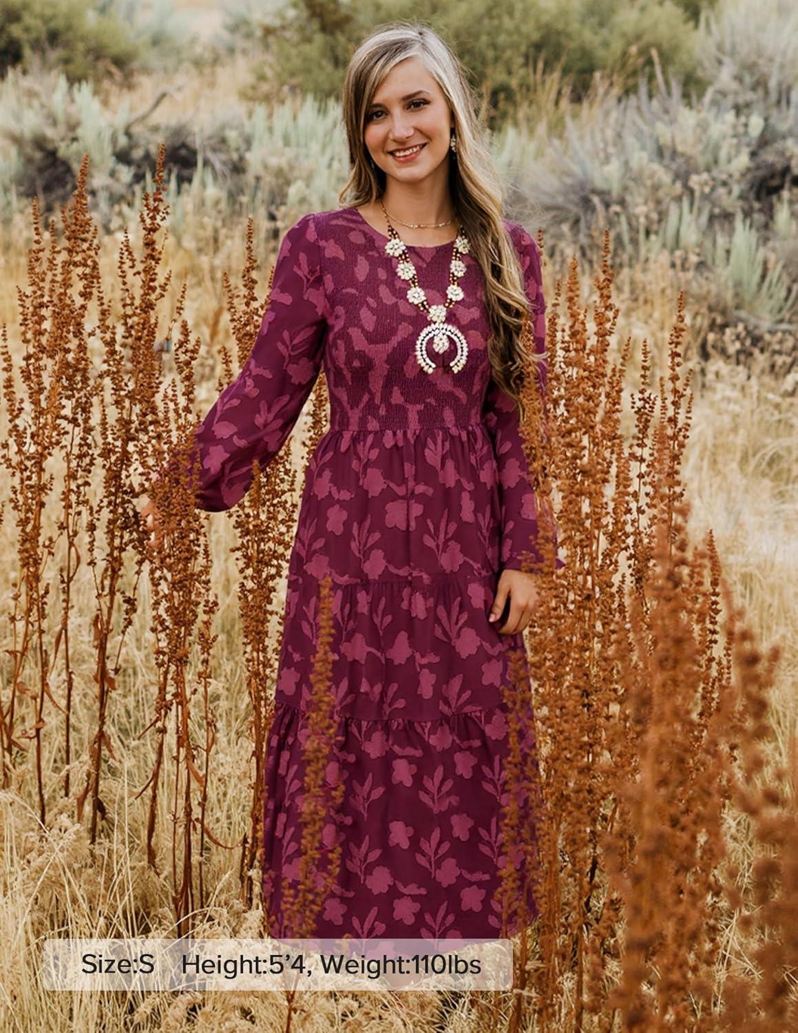 imageZESICA Womens Fall Boho Floral Midi Dress 2026 Casual Long Sleeve Crewneck Flowy Wedding Guest Long DressesWine