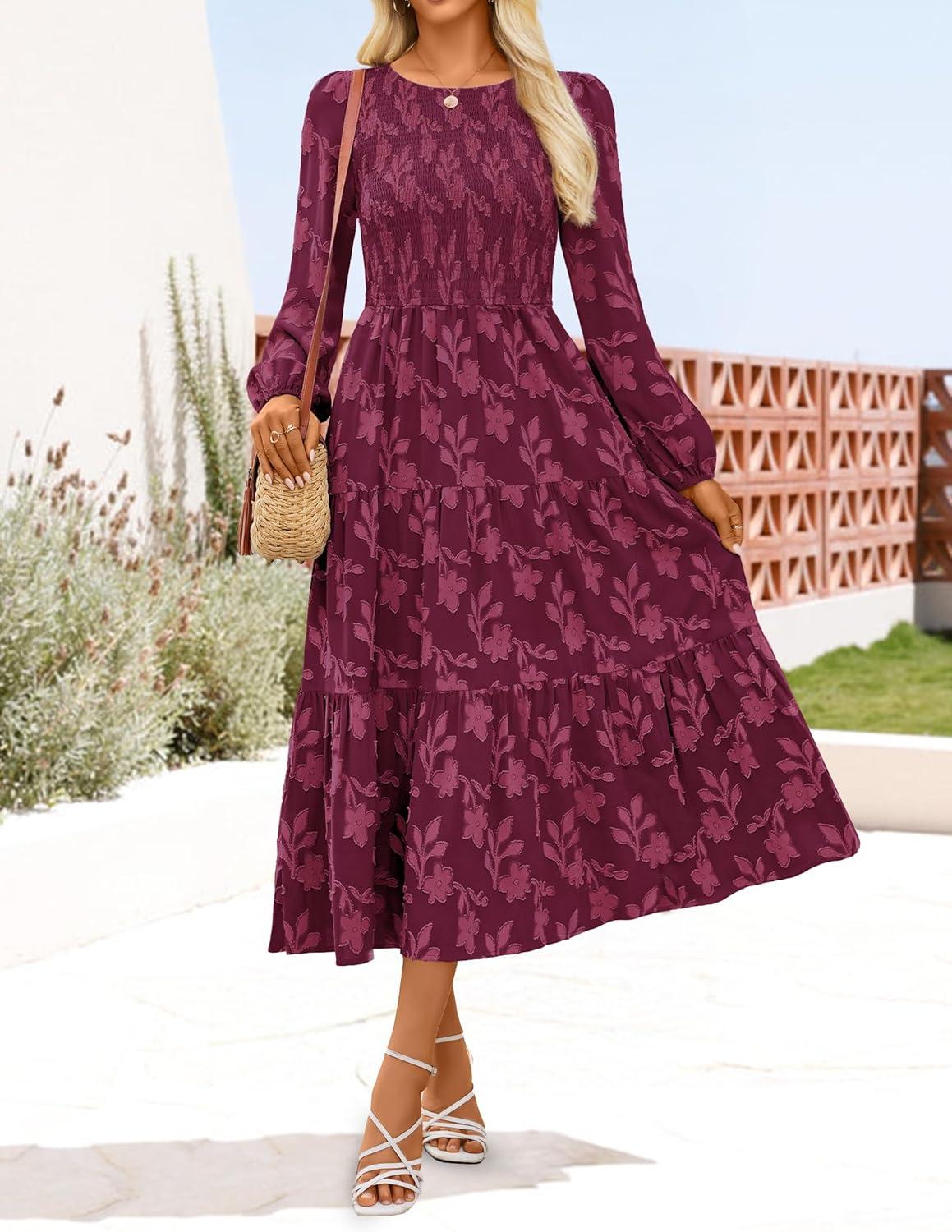 imageZESICA Womens Fall Boho Floral Midi Dress 2026 Casual Long Sleeve Crewneck Flowy Wedding Guest Long DressesWine