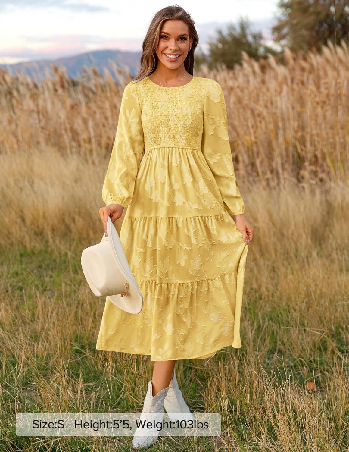 imageZESICA Womens Fall Boho Floral Midi Dress 2026 Casual Long Sleeve Crewneck Flowy Wedding Guest Long DressesYellow