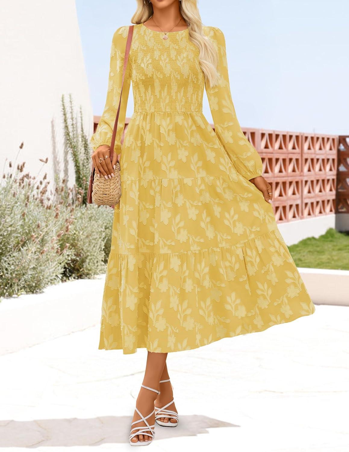 imageZESICA Womens Fall Boho Floral Midi Dress 2026 Casual Long Sleeve Crewneck Flowy Wedding Guest Long DressesYellow