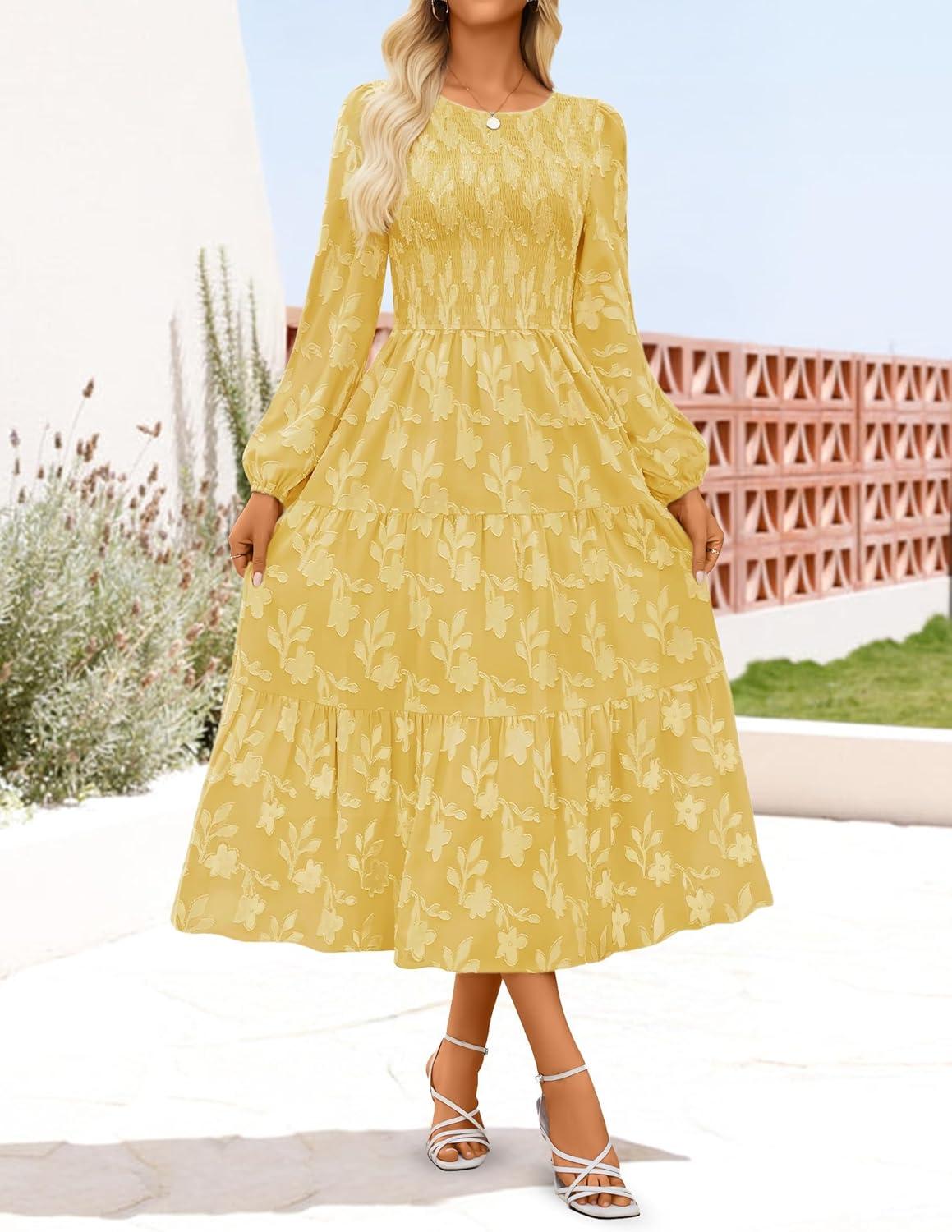 imageZESICA Womens Fall Boho Floral Midi Dress 2026 Casual Long Sleeve Crewneck Flowy Wedding Guest Long DressesYellow