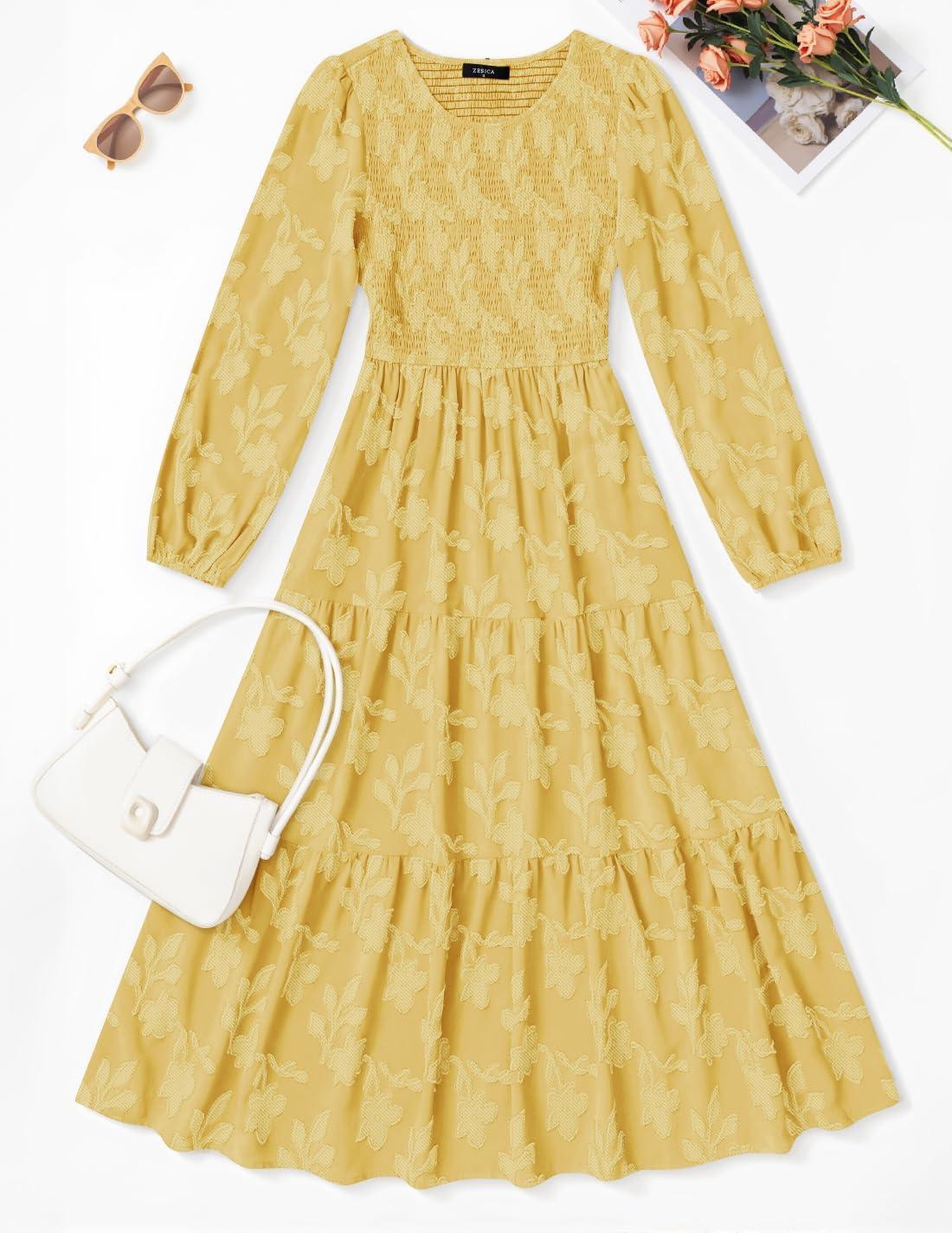 imageZESICA Womens Fall Boho Floral Midi Dress 2026 Casual Long Sleeve Crewneck Flowy Wedding Guest Long DressesYellow
