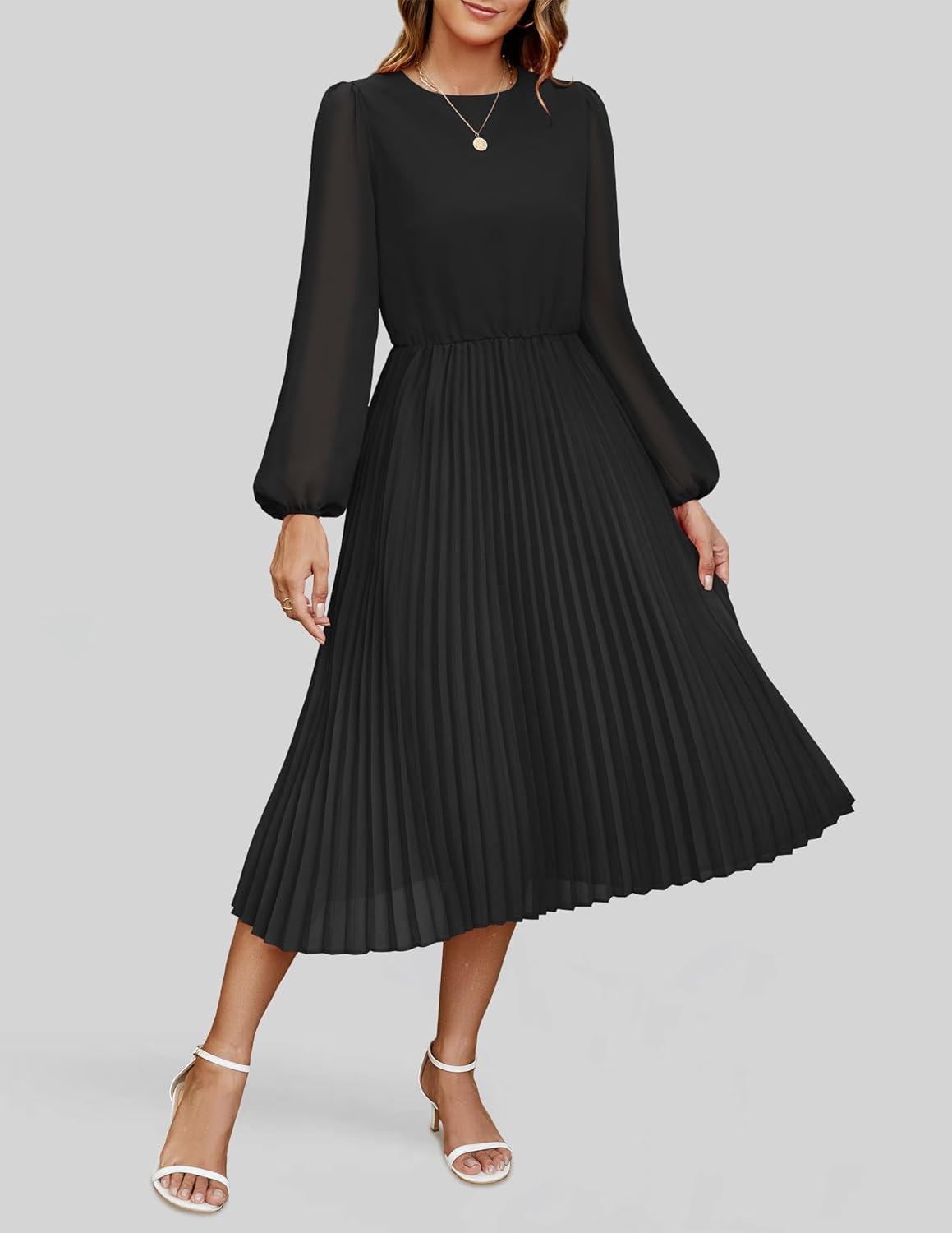 imageZESICA Womens Fall Long Sleeve Dresses 2026 Casual Crewneck Chiffon Swing Pleated A Line Cocktail Party Midi DressBlack