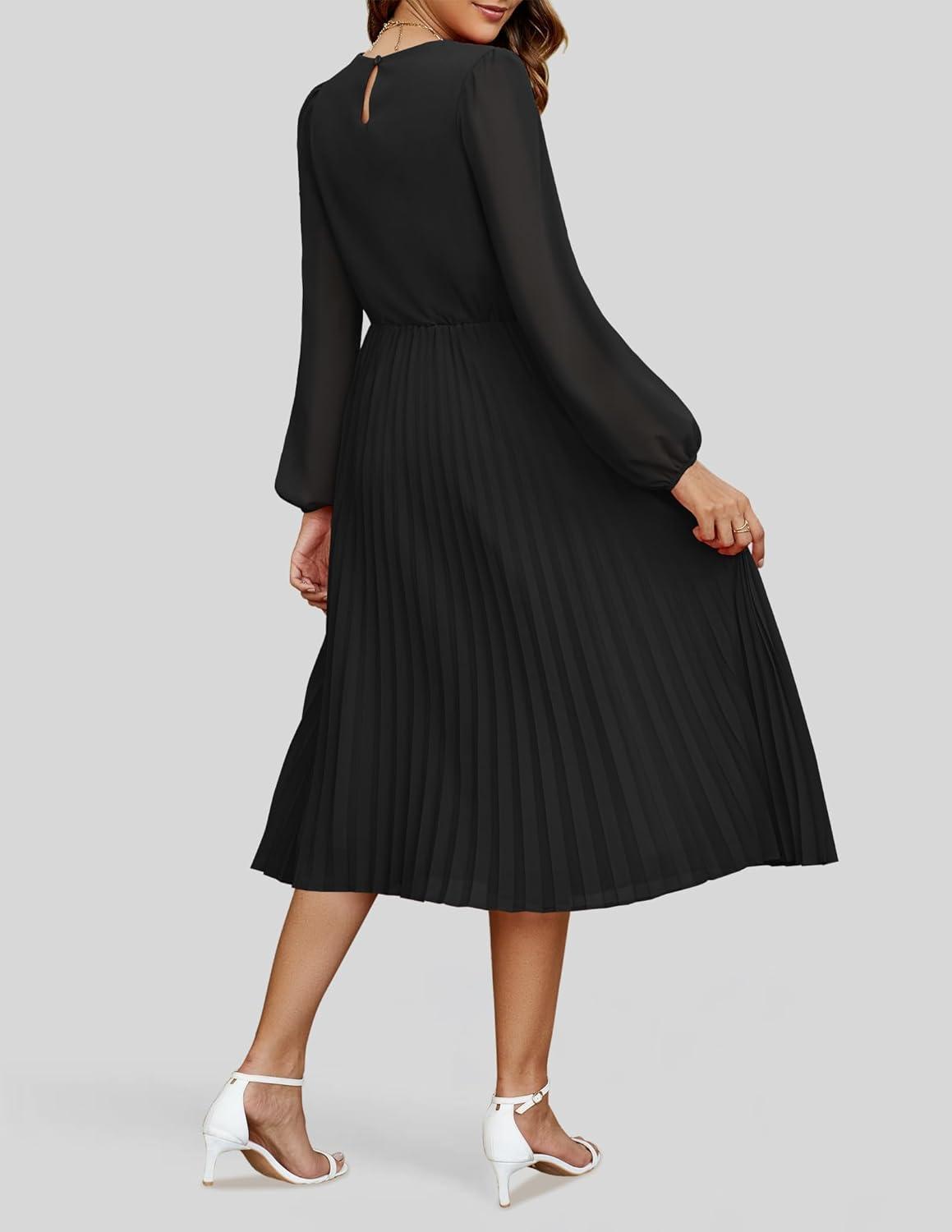 imageZESICA Womens Fall Long Sleeve Dresses 2026 Casual Crewneck Chiffon Swing Pleated A Line Cocktail Party Midi DressBlack