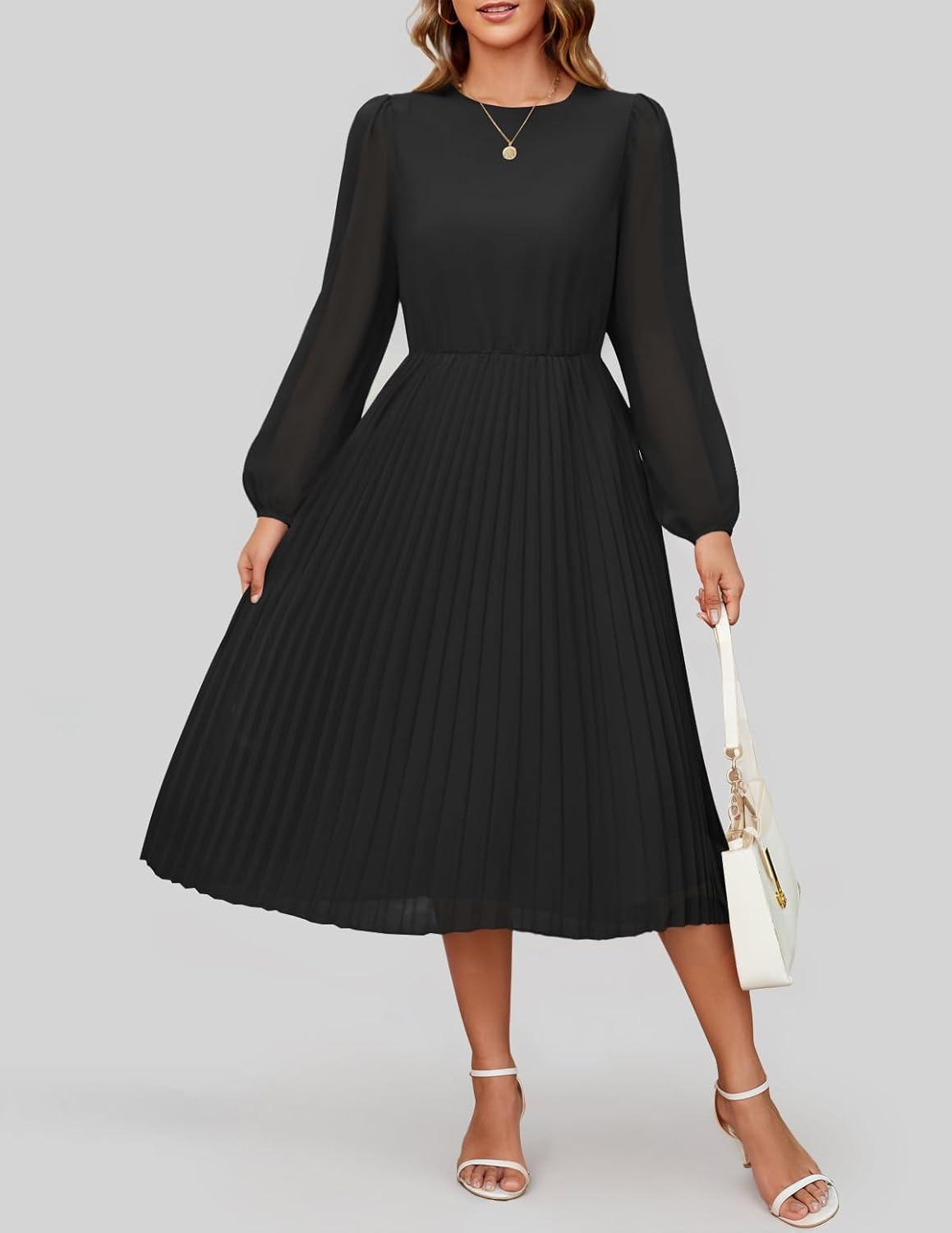 imageZESICA Womens Fall Long Sleeve Dresses 2026 Casual Crewneck Chiffon Swing Pleated A Line Cocktail Party Midi DressBlack