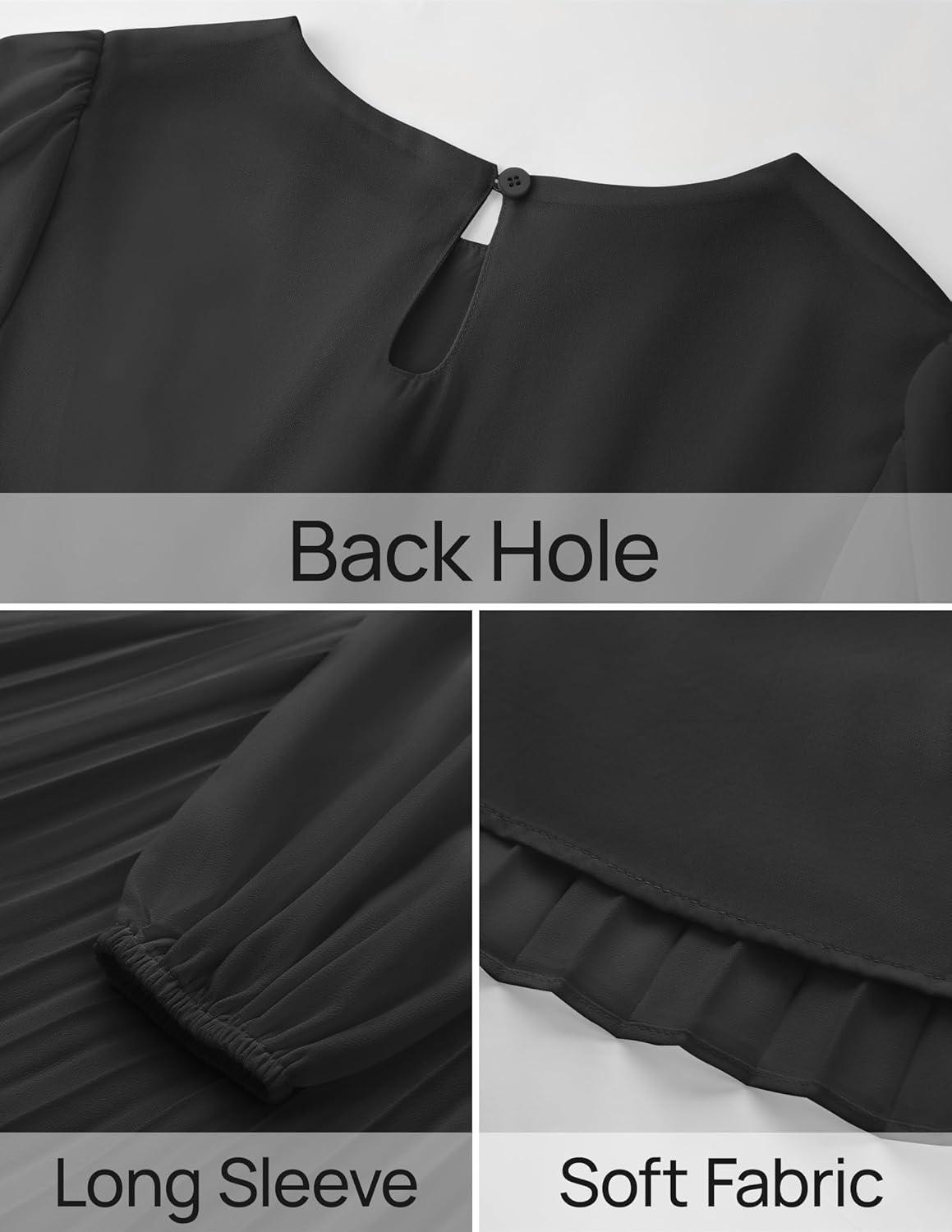 imageZESICA Womens Fall Long Sleeve Dresses 2026 Casual Crewneck Chiffon Swing Pleated A Line Cocktail Party Midi DressBlack