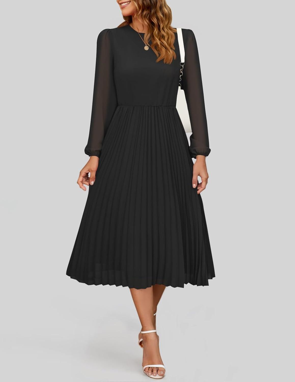 imageZESICA Womens Fall Long Sleeve Dresses 2026 Casual Crewneck Chiffon Swing Pleated A Line Cocktail Party Midi DressBlack