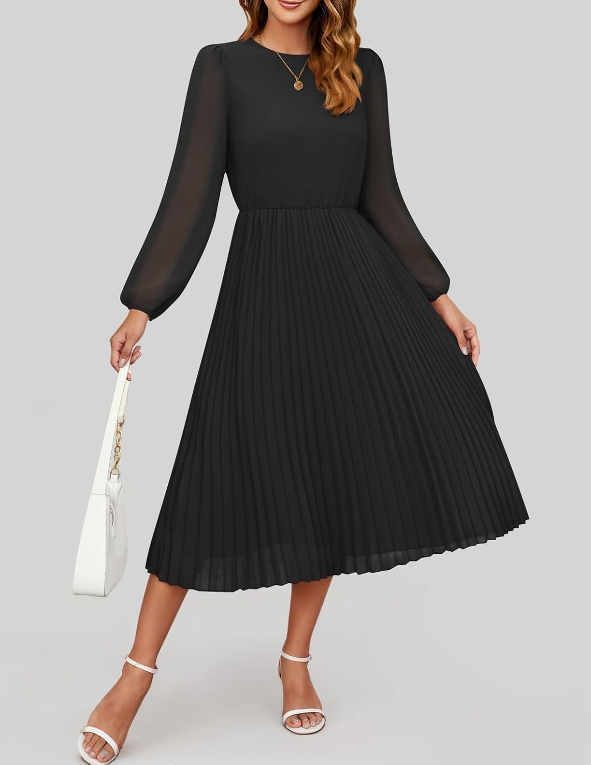 imageZESICA Womens Fall Long Sleeve Dresses 2026 Casual Crewneck Chiffon Swing Pleated A Line Cocktail Party Midi DressBlack